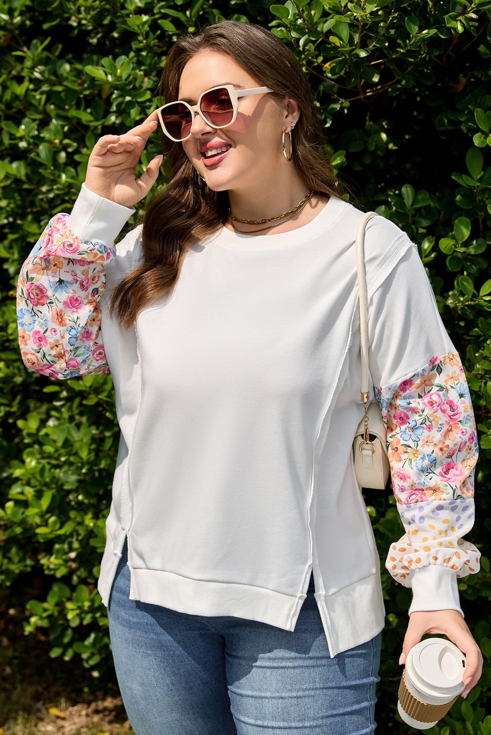 Plus Size Floral Patchwork Long Sleeve Reverse Seam Sweatshirt - Rooted & Reckless Co.