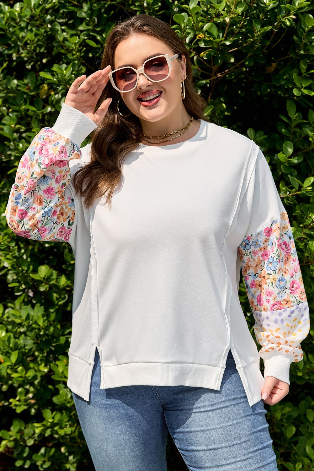 Plus Size Floral Patchwork Long Sleeve Reverse Seam Sweatshirt - Rooted & Reckless Co.