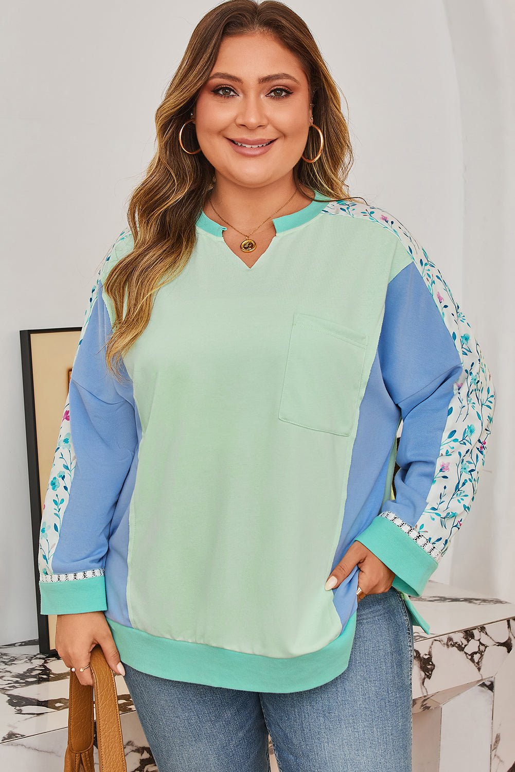 Plus Size Floral Patchwork Long Sleeve V-Neck Top - Rooted & Reckless Co.