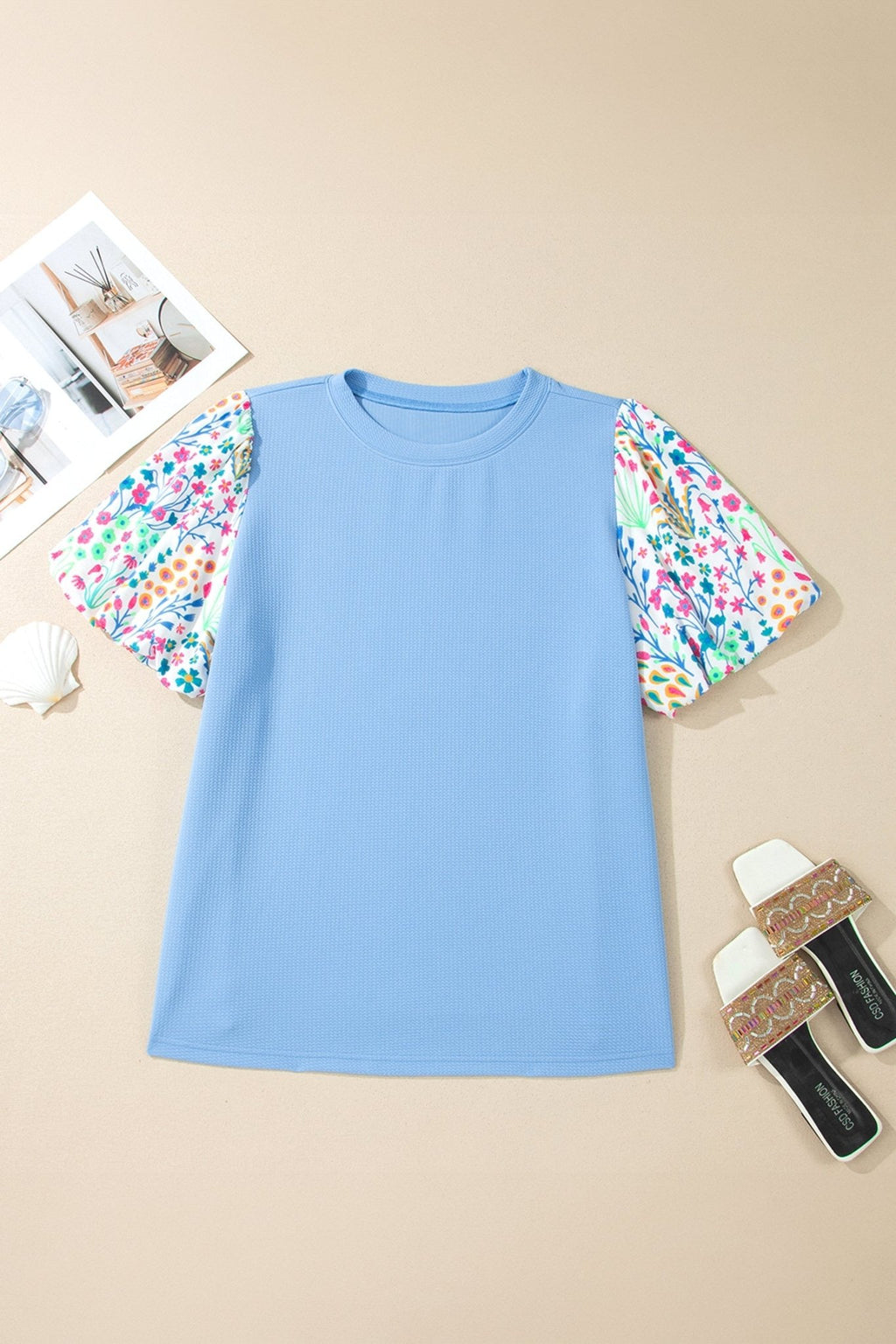 Plus Size Floral Patchwork Puff Sleeve Textured Top - Rooted & Reckless Co.