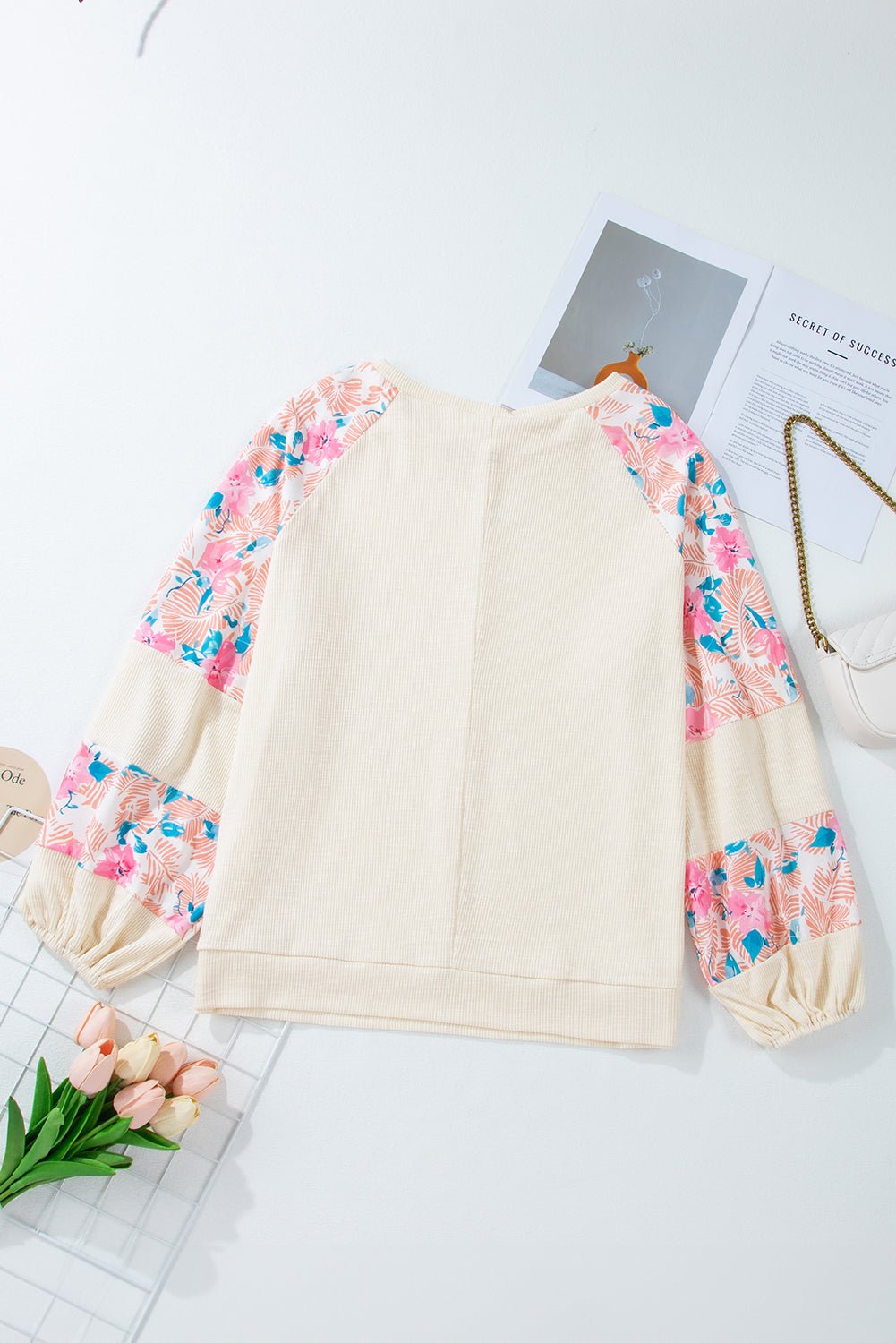 Plus Size Floral Patchwork Sleeve Crewneck Top - Rooted & Reckless Co.