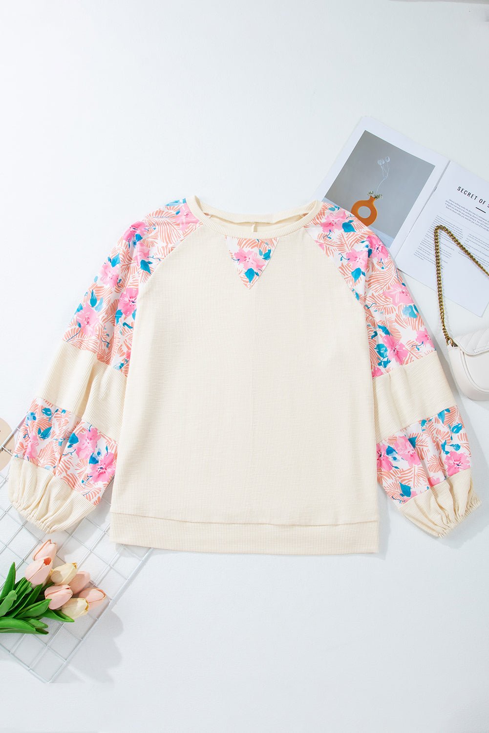Plus Size Floral Patchwork Sleeve Crewneck Top - Rooted & Reckless Co.