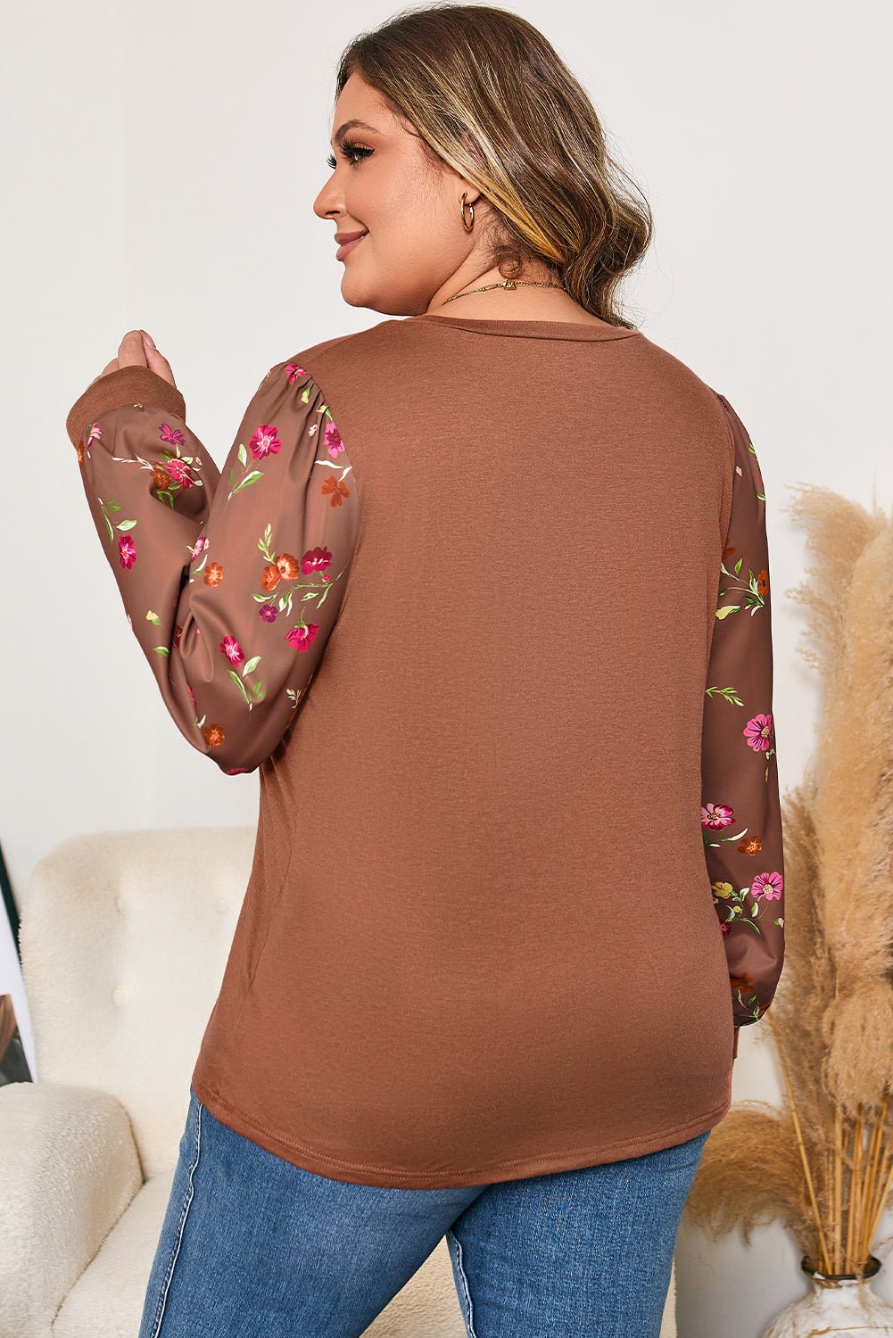 Plus Size Floral Patchwork Sleeve Crewneck Top - Rooted & Reckless Co.