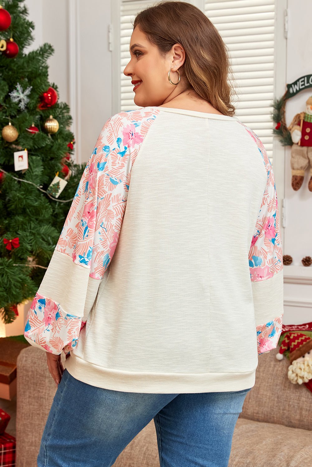 Plus Size Floral Patchwork Sleeve Crewneck Top - Rooted & Reckless Co.