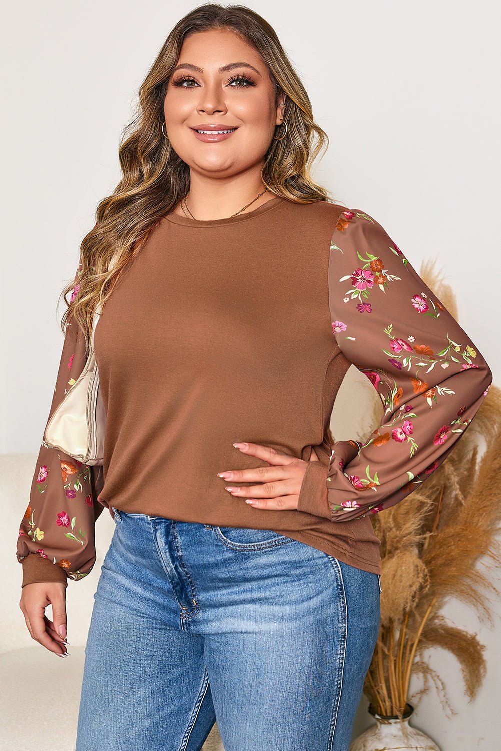 Plus Size Floral Patchwork Sleeve Crewneck Top - Rooted & Reckless Co.