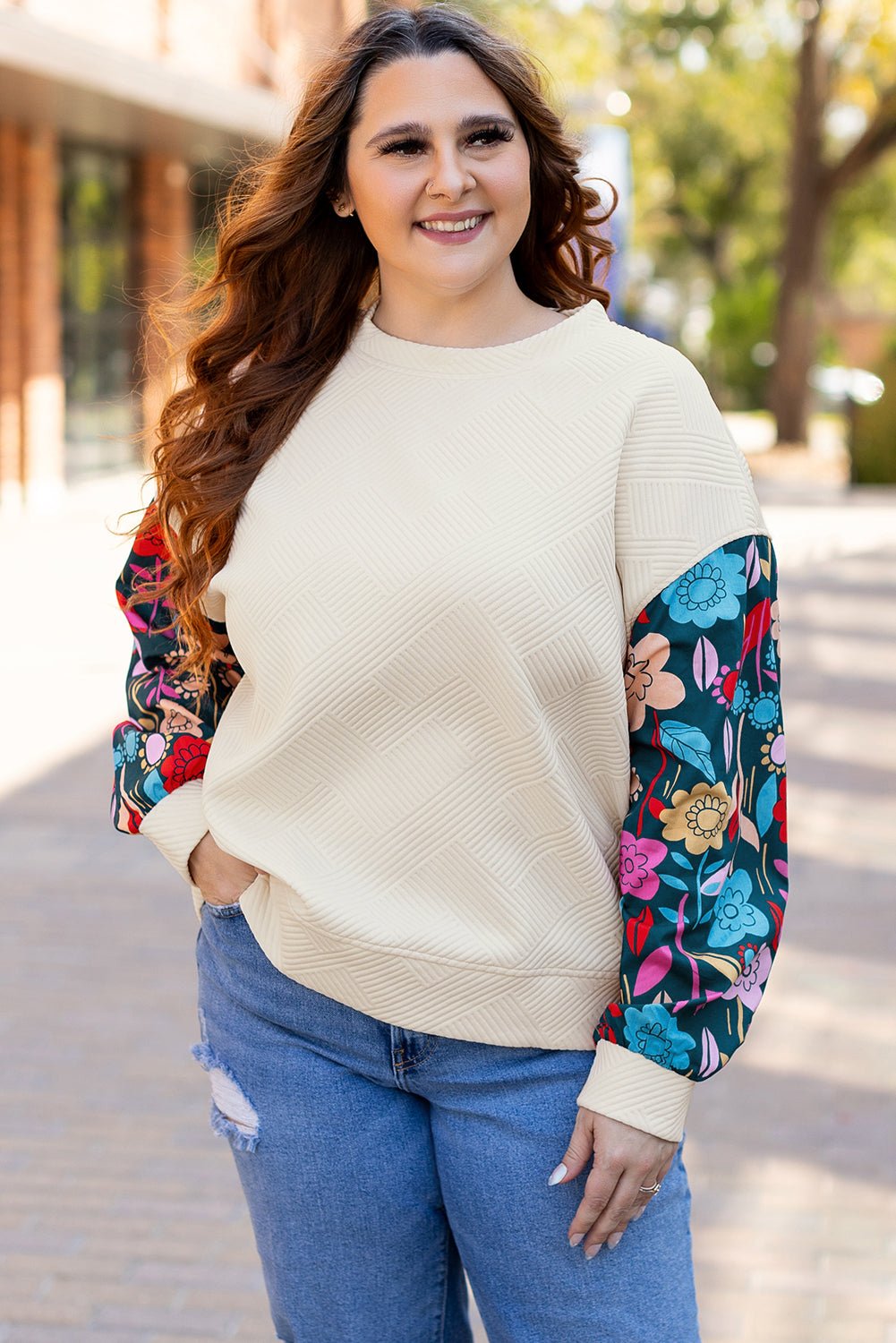 Plus Size Floral Patchwork Sleeve Textured Top - Rooted & Reckless Co.