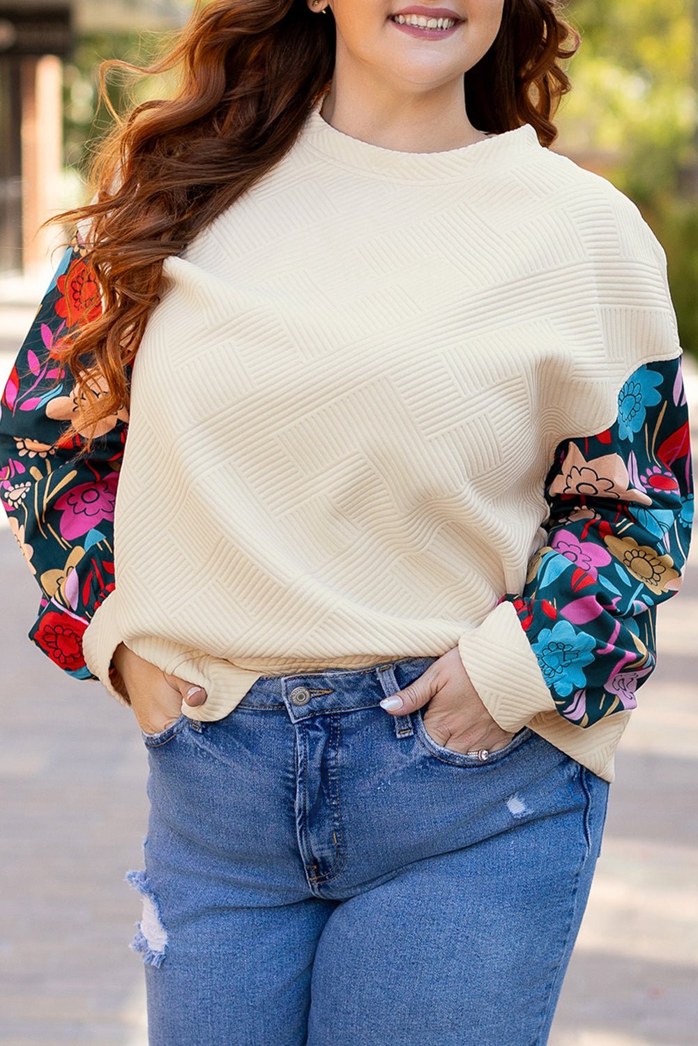 Plus Size Floral Patchwork Sleeve Textured Top - Rooted & Reckless Co.