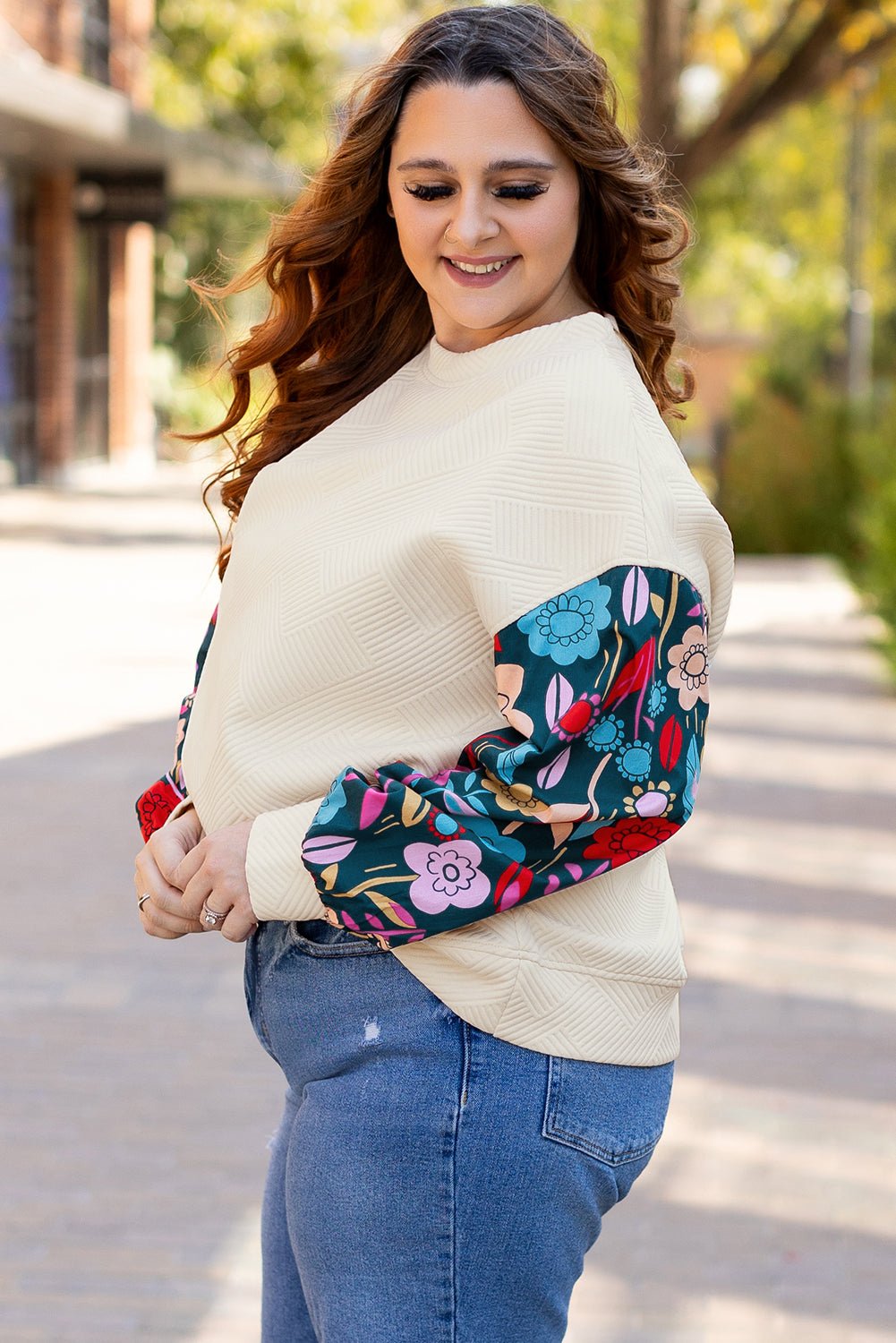 Plus Size Floral Patchwork Sleeve Textured Top - Rooted & Reckless Co.
