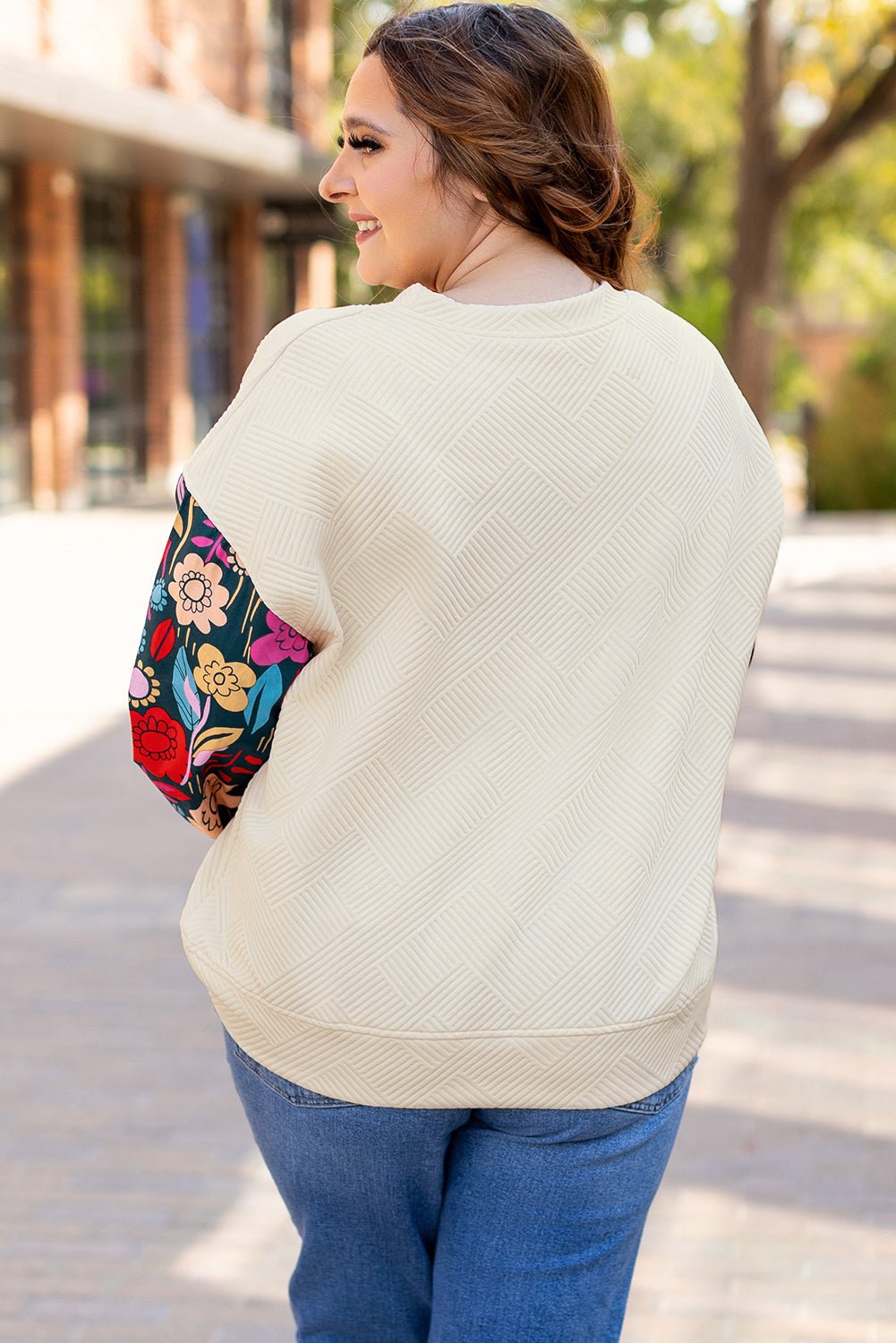 Plus Size Floral Patchwork Sleeve Textured Top - Rooted & Reckless Co.