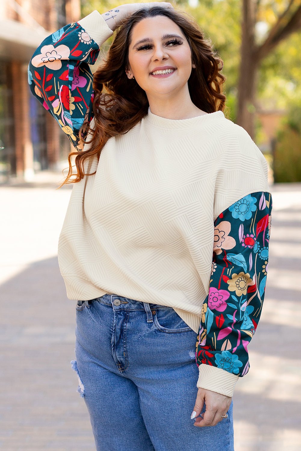 Plus Size Floral Patchwork Sleeve Textured Top - Rooted & Reckless Co.