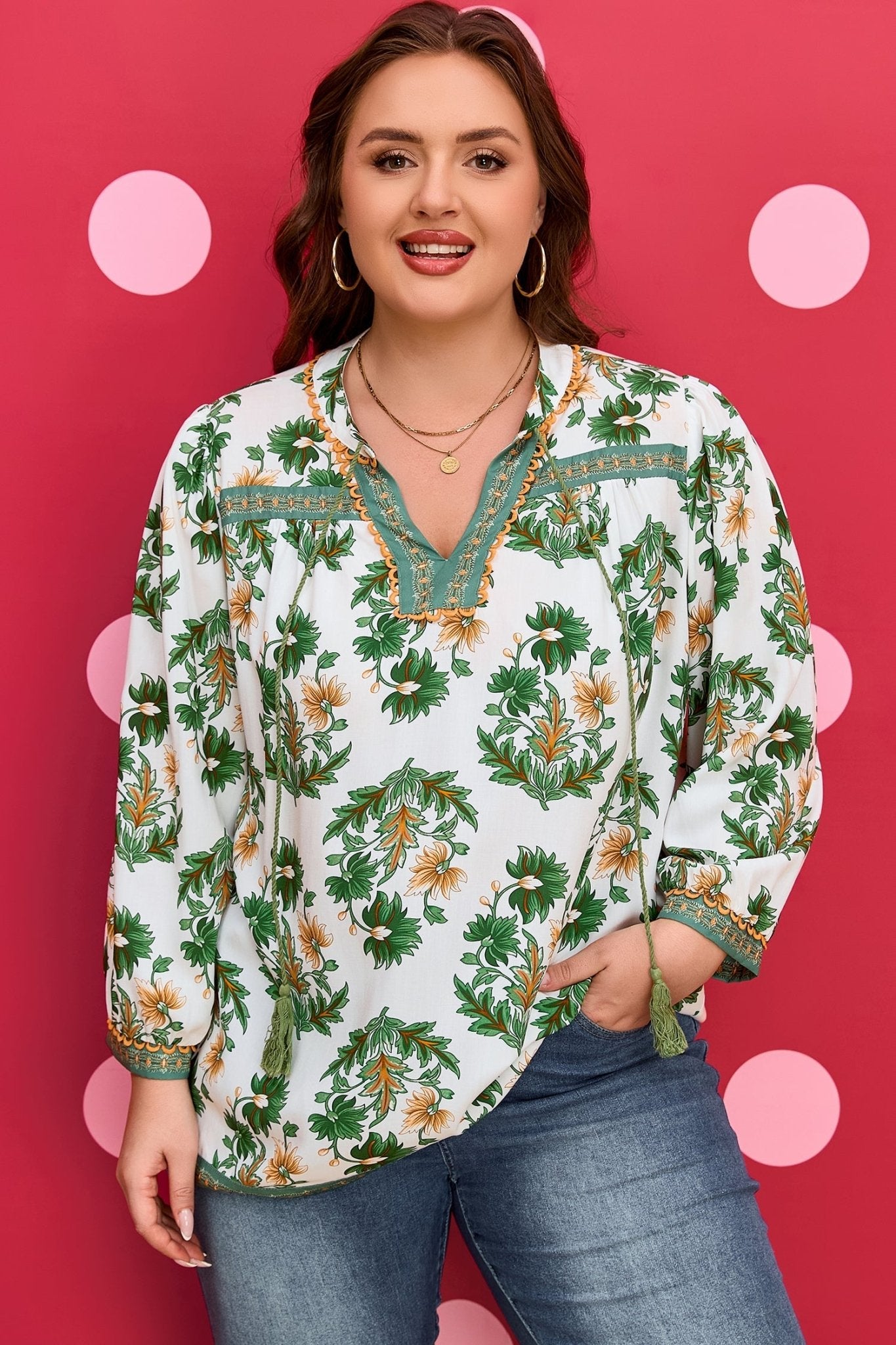 Plus Size Floral Patchwork Tassel Tie Blouse - Rooted & Reckless Co.