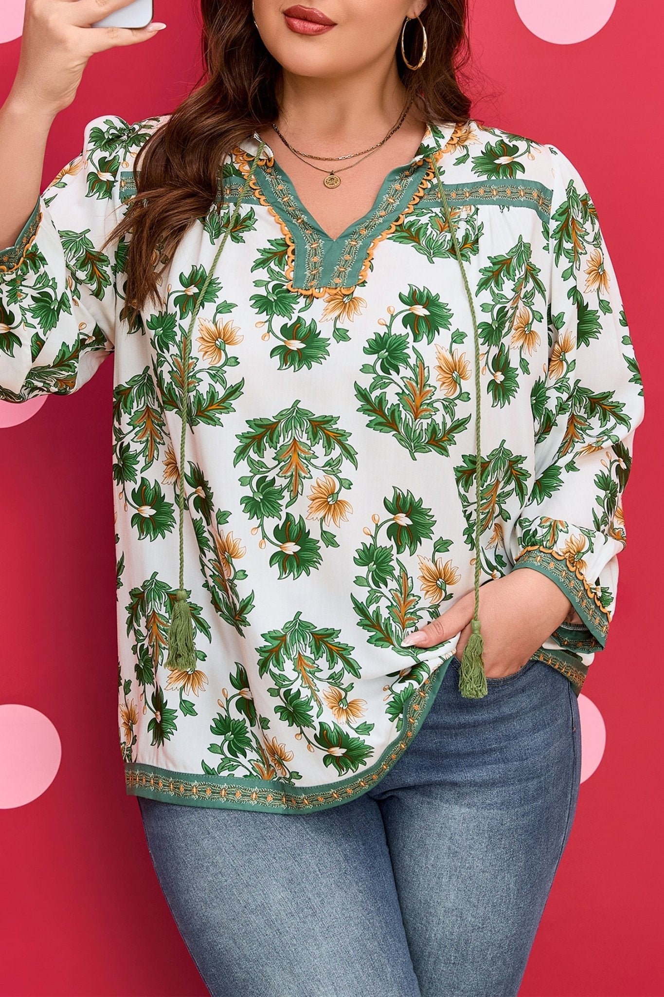 Plus Size Floral Patchwork Tassel Tie Blouse - Rooted & Reckless Co.