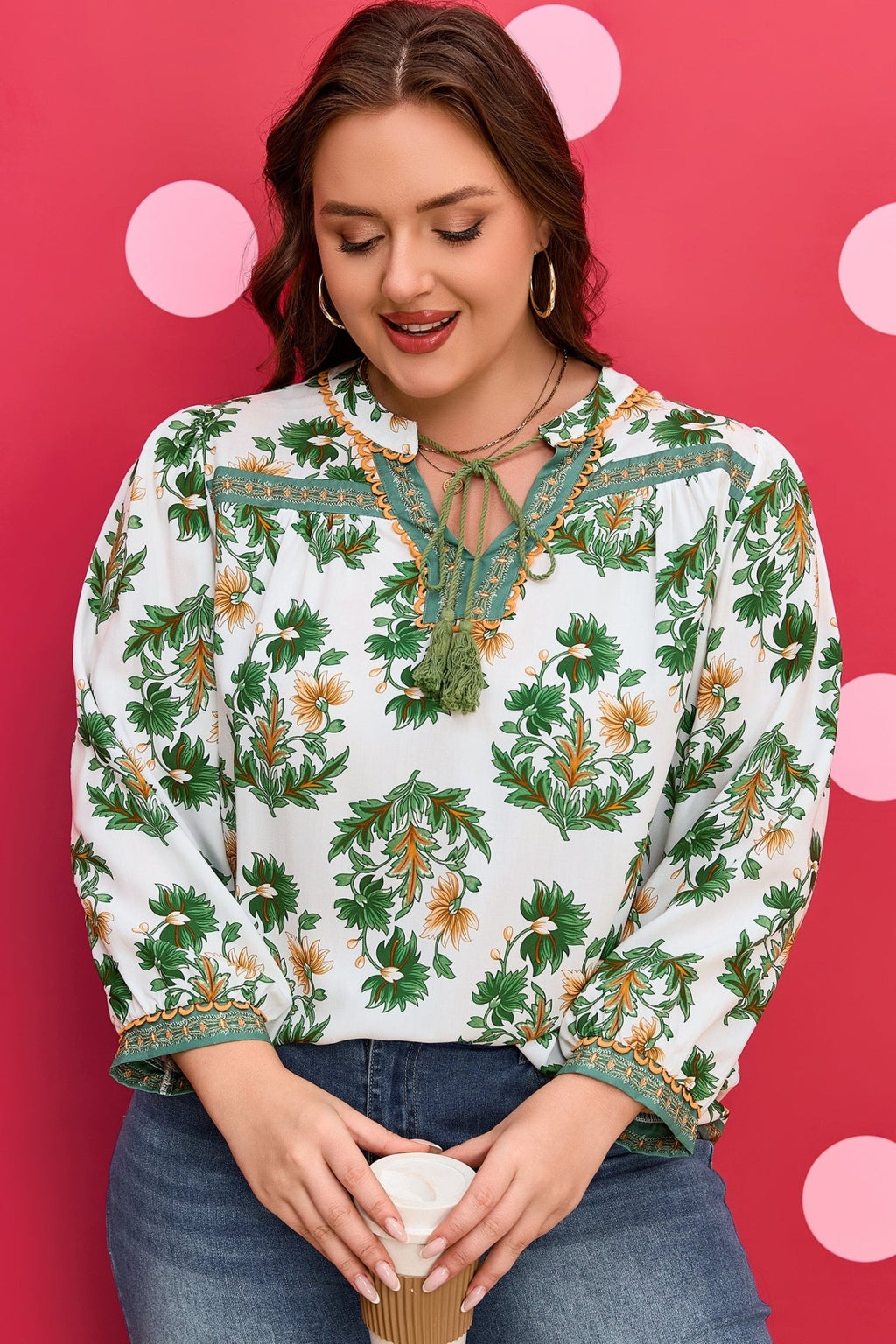 Plus Size Floral Patchwork Tassel Tie Blouse - Rooted & Reckless Co.