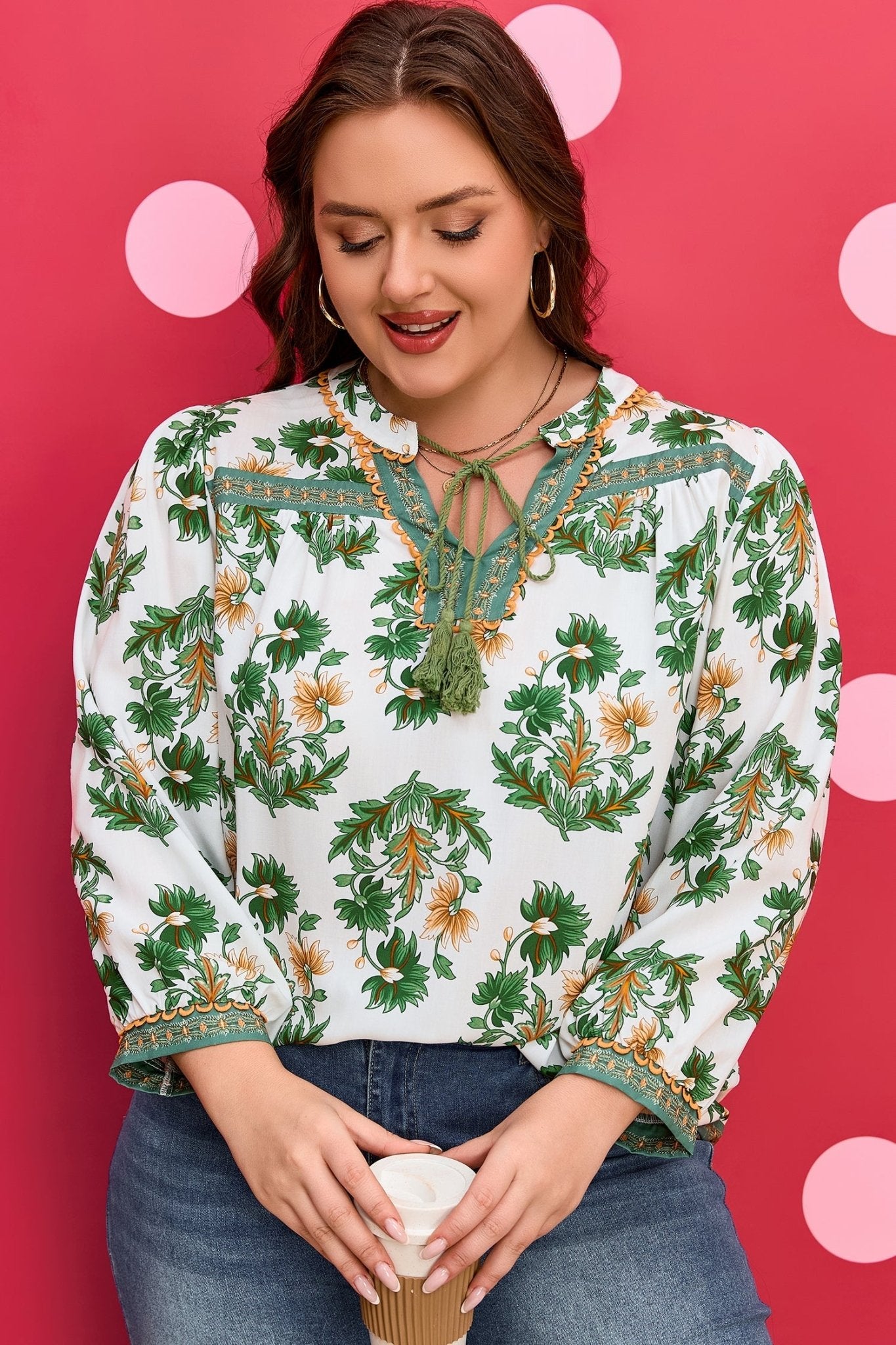 Plus Size Floral Patchwork Tassel Tie Blouse - Rooted & Reckless Co.