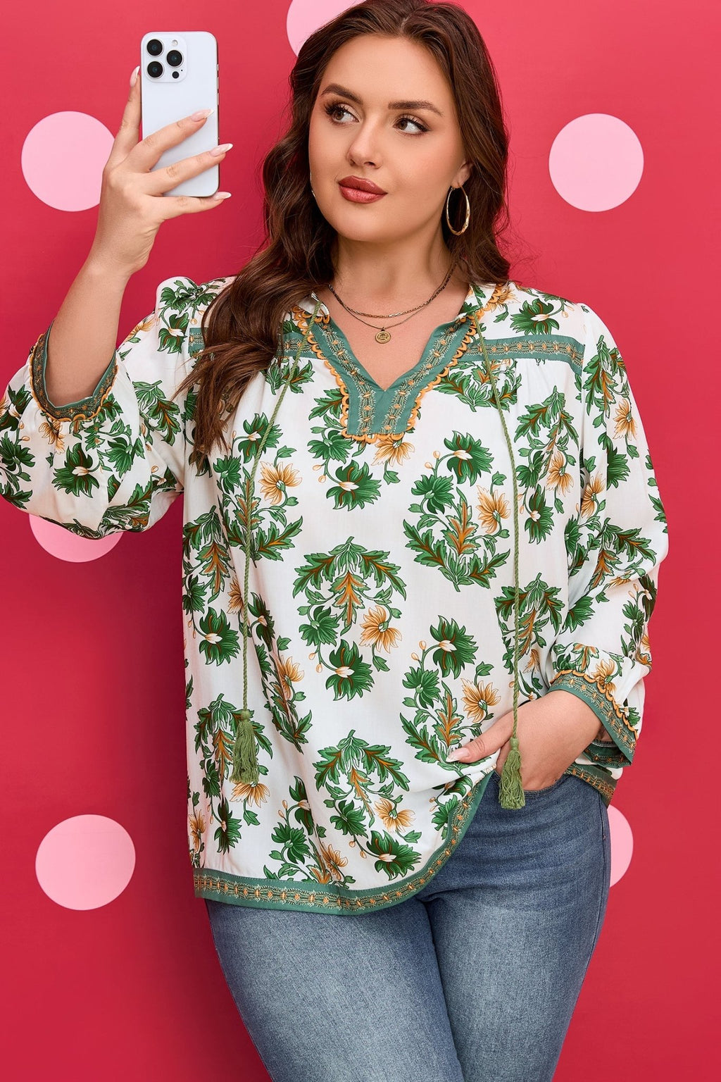 Plus Size Floral Patchwork Tassel Tie Blouse - Rooted & Reckless Co.