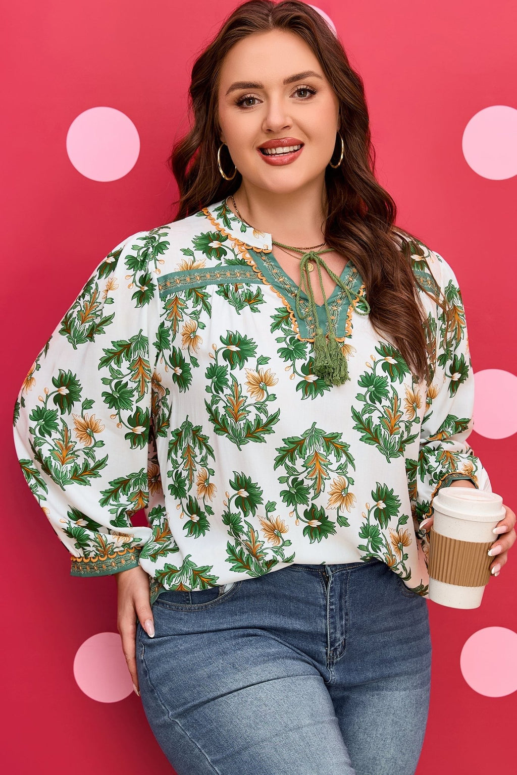 Plus Size Floral Patchwork Tassel Tie Blouse - Rooted & Reckless Co.