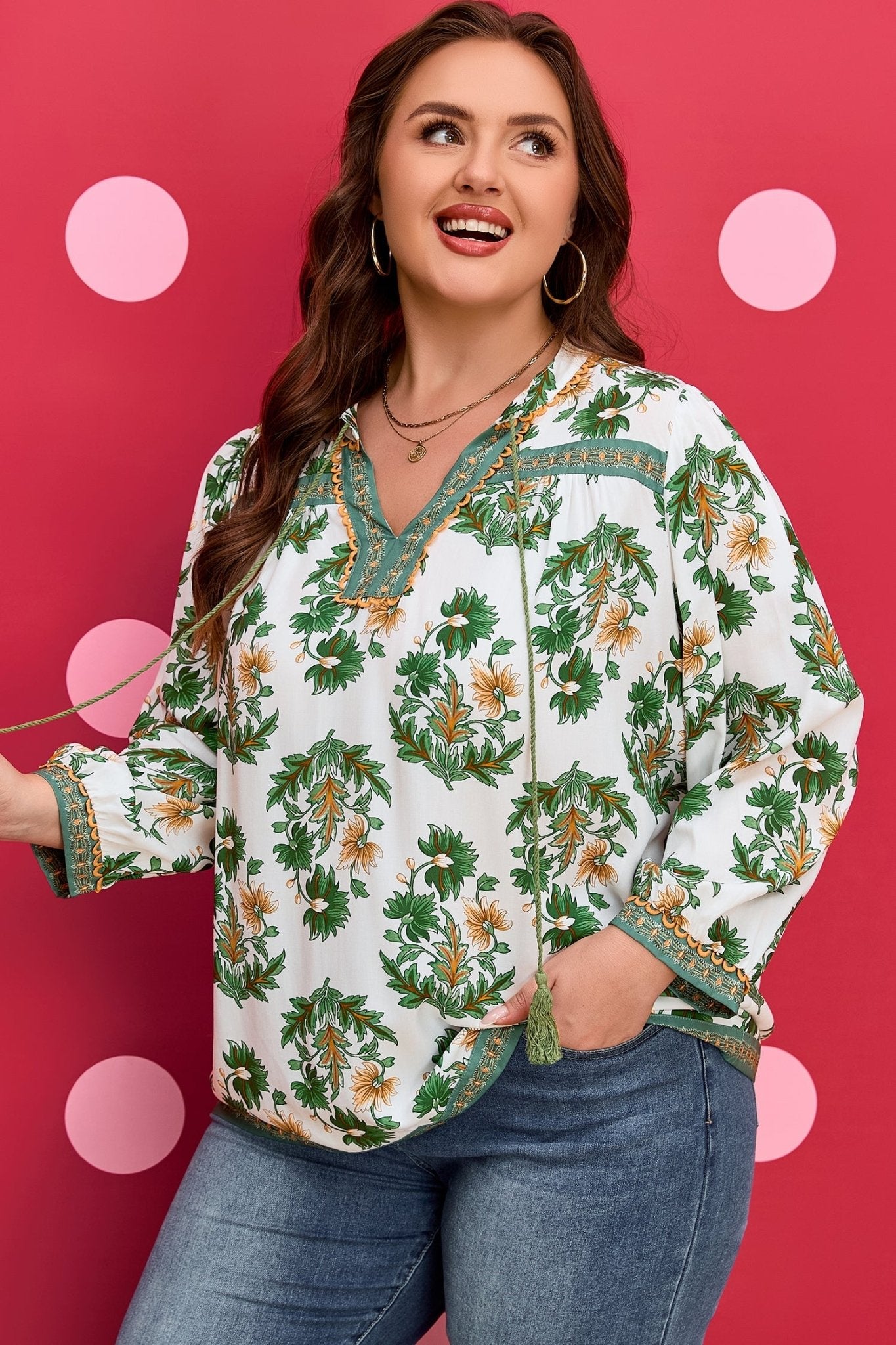 Plus Size Floral Patchwork Tassel Tie Blouse - Rooted & Reckless Co.