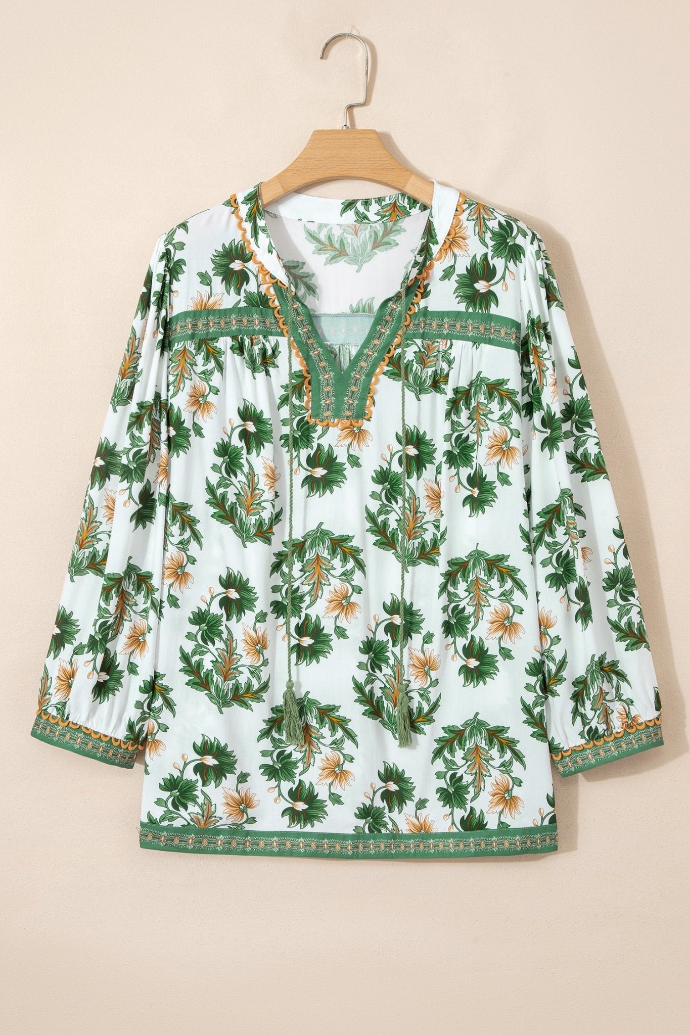 Plus Size Floral Patchwork Tassel Tie Blouse - Rooted & Reckless Co.
