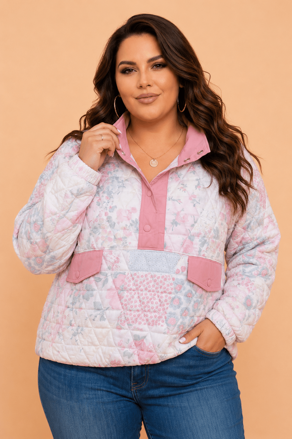 Plus Size Floral Quilted Snap Button Collar Sweatshirt - Rooted & Reckless Co.
