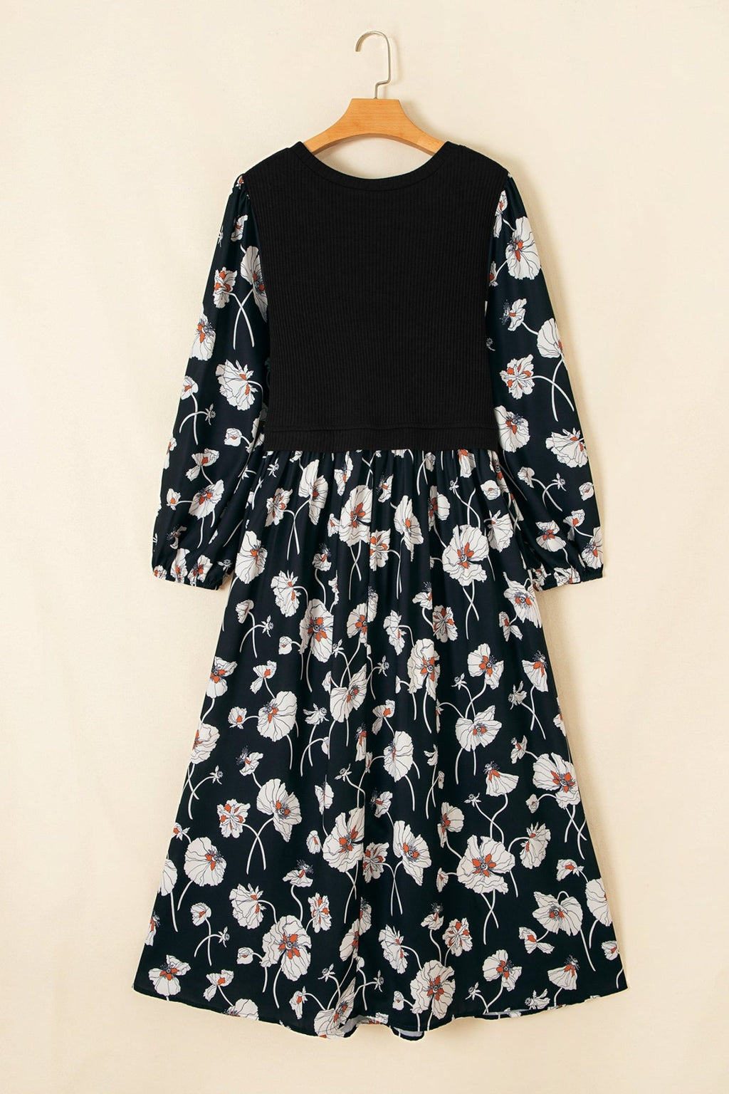 Plus Size Floral Ribbed Patchwork Long Sleeve Midi Dress - Rooted & Reckless Co.