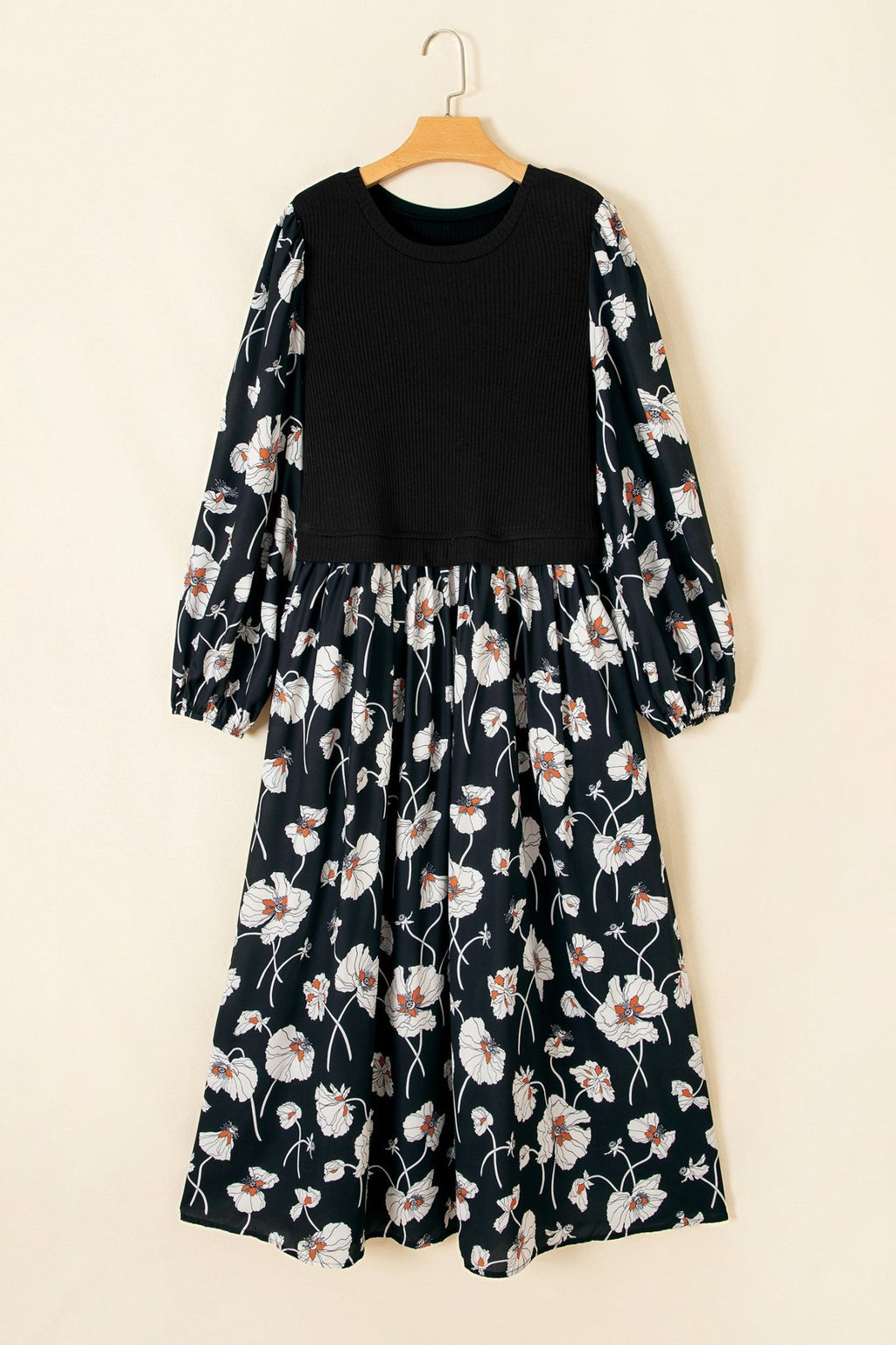 Plus Size Floral Ribbed Patchwork Long Sleeve Midi Dress - Rooted & Reckless Co.