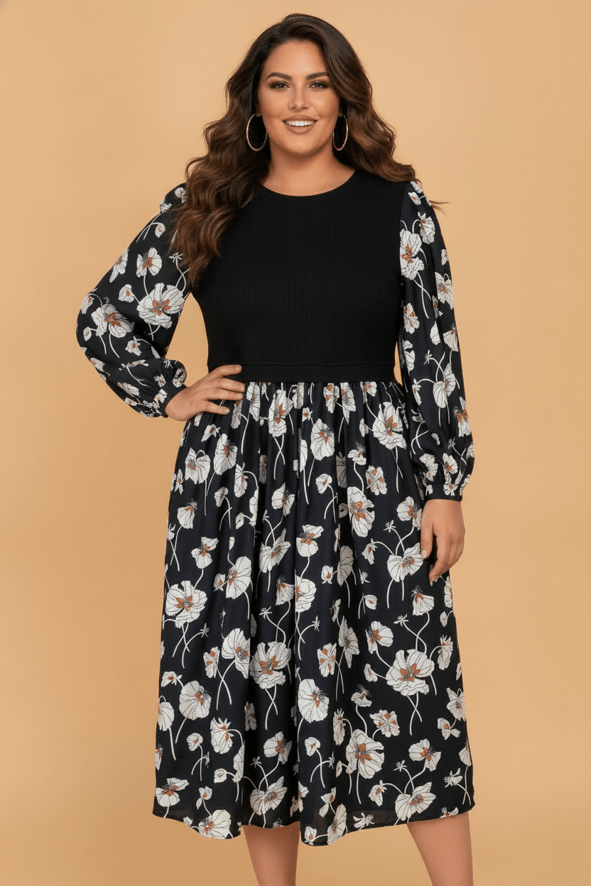 Plus Size Floral Ribbed Patchwork Long Sleeve Midi Dress - Rooted & Reckless Co.