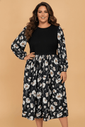 Plus Size Floral Ribbed Patchwork Long Sleeve Midi Dress - Rooted & Reckless Co.