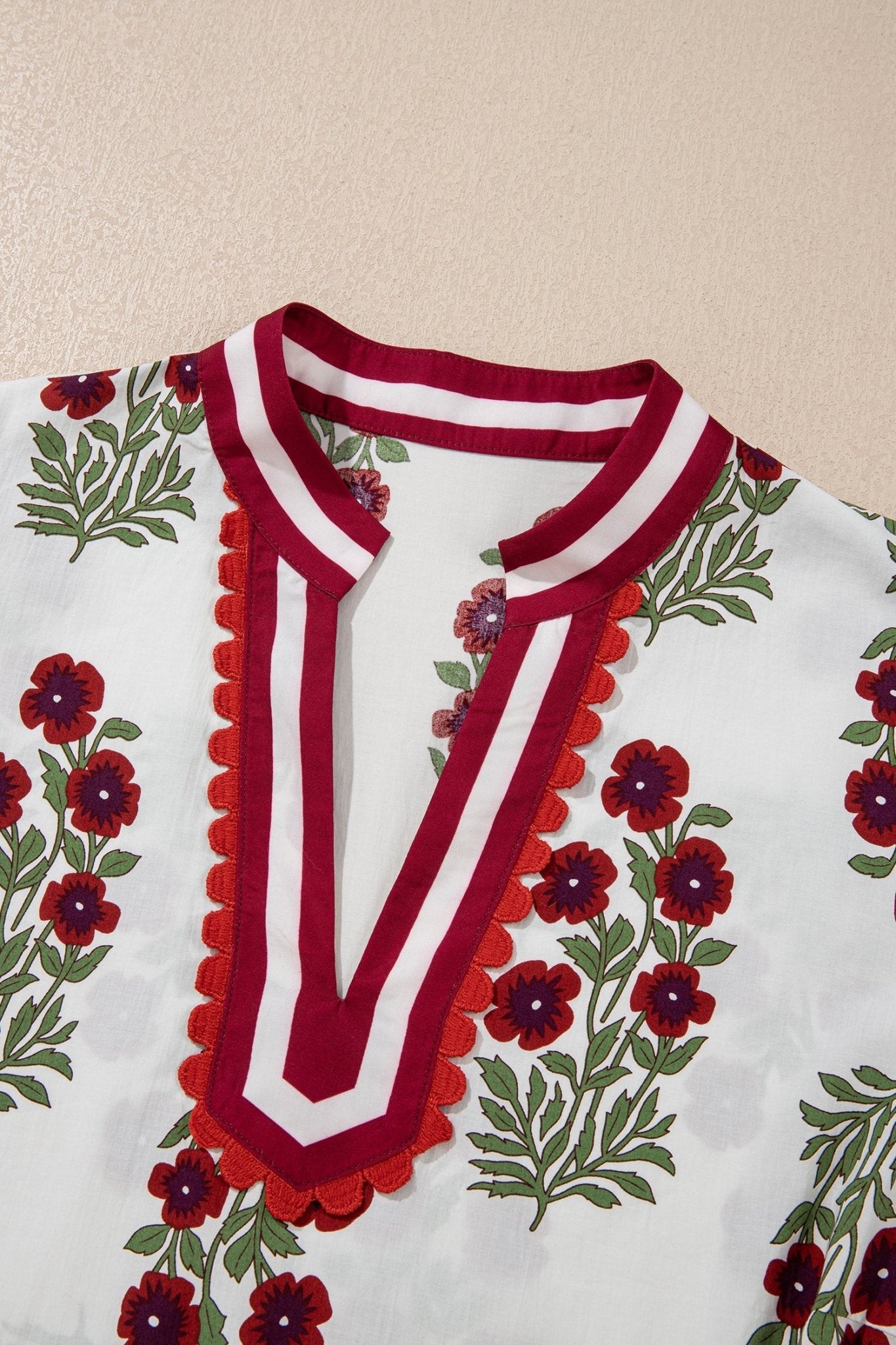 Plus Size Floral Ricrac Trim Short Sleeve Blouse - Rooted & Reckless Co.