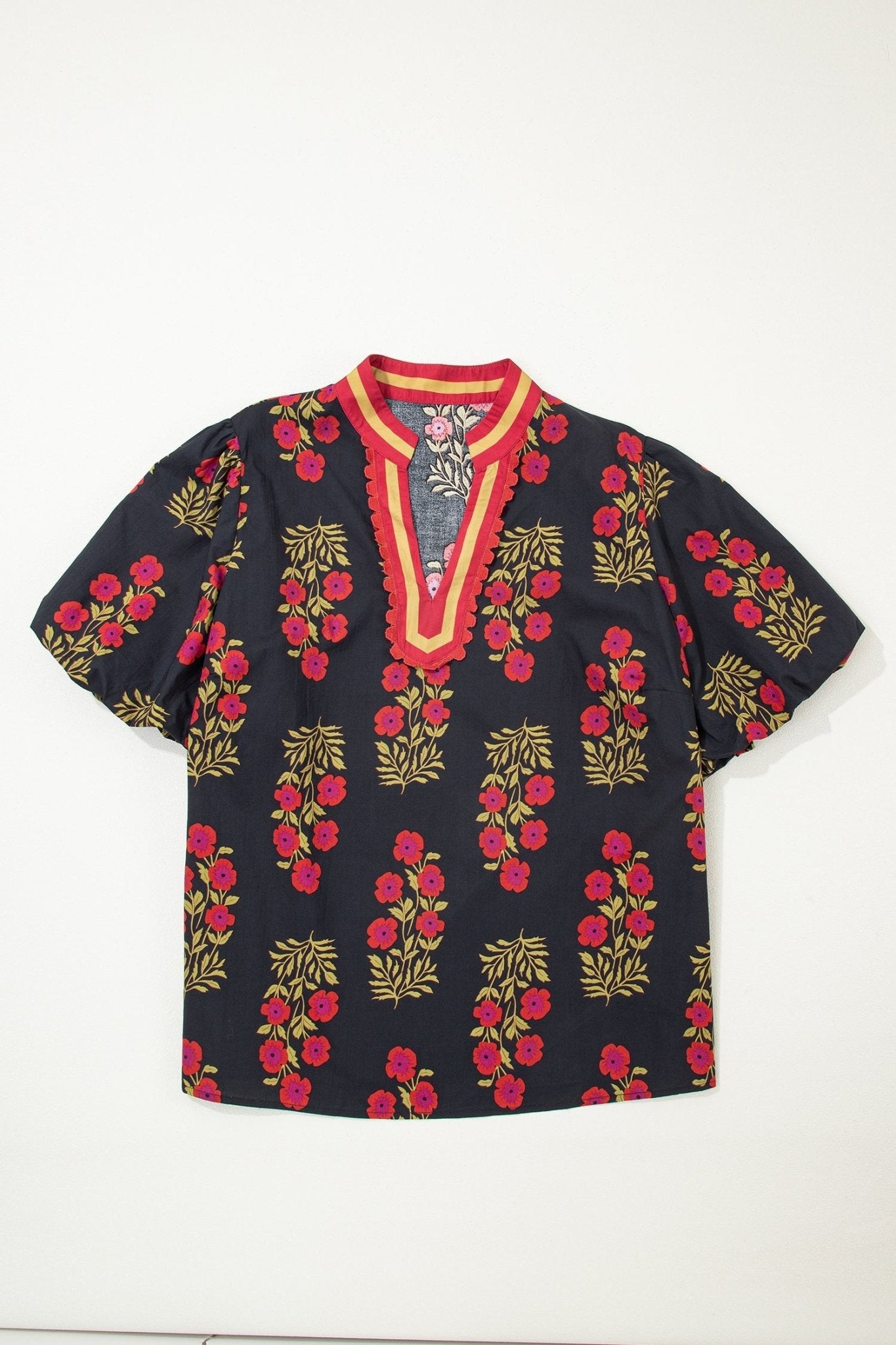 Plus Size Floral Ricrac Trim Short Sleeve Blouse - Rooted & Reckless Co.
