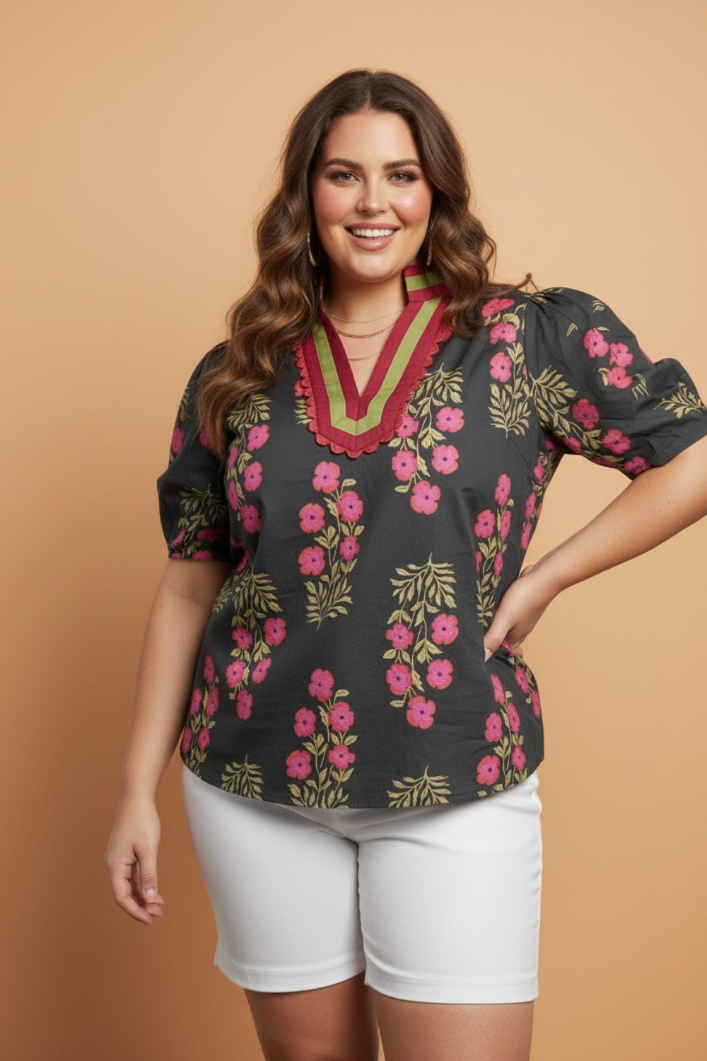 Plus Size Floral Ricrac Trim Short Sleeve Blouse - Rooted & Reckless Co.