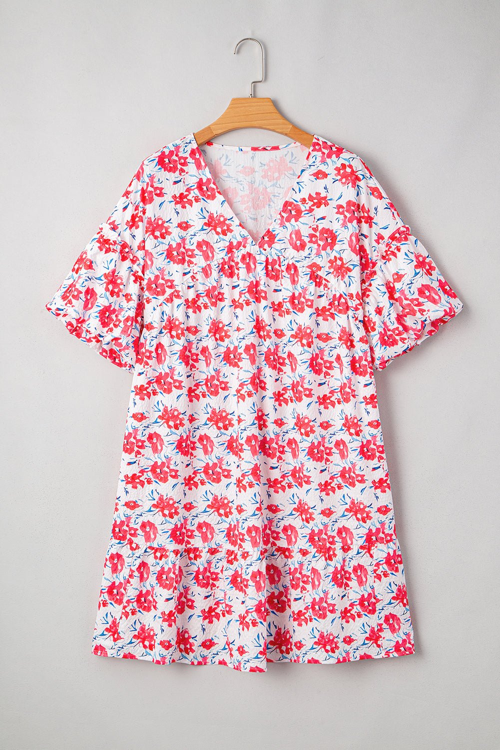 Plus Size Floral Ruffle 3/4 Sleeve V-Neck Dress - Rooted & Reckless Co.