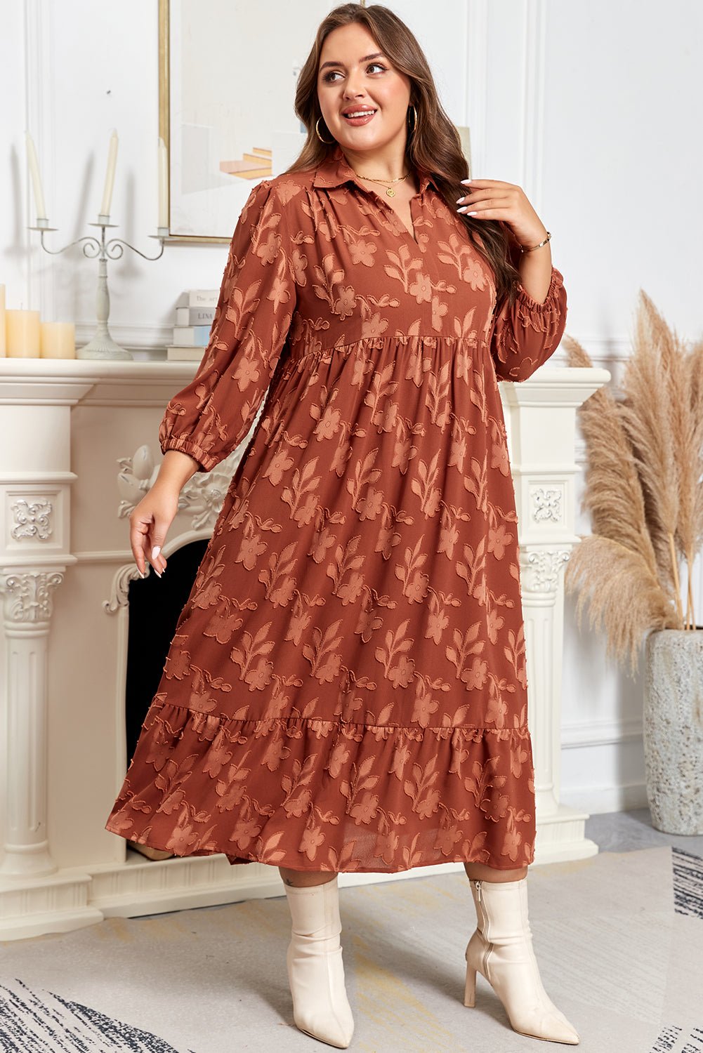 Plus Size Floral Ruffle Hem 3/4 Sleeve Maxi Dress - Rooted & Reckless Co.