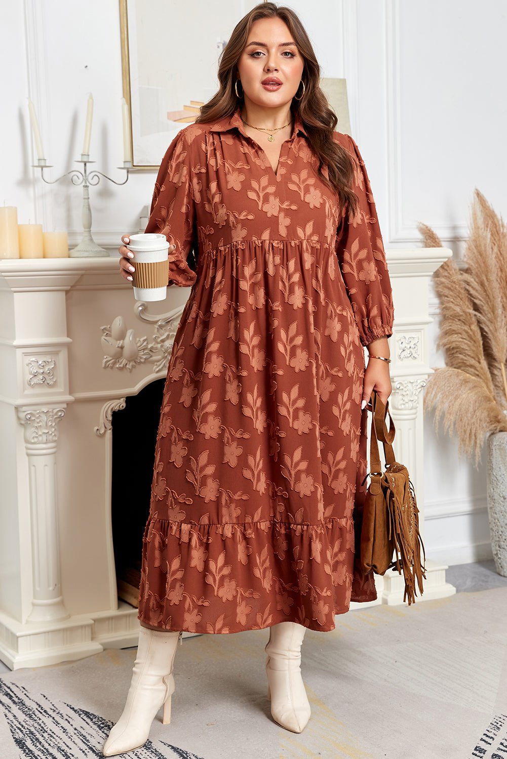 Plus Size Floral Ruffle Hem 3/4 Sleeve Maxi Dress - Rooted & Reckless Co.