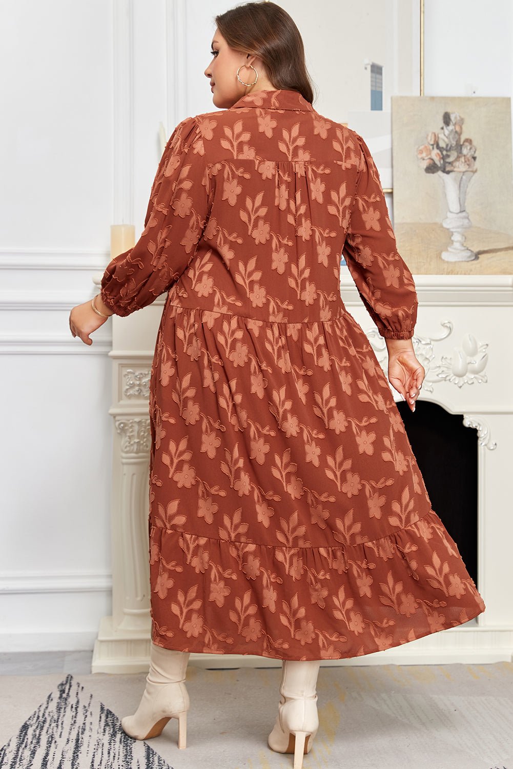 Plus Size Floral Ruffle Hem 3/4 Sleeve Maxi Dress - Rooted & Reckless Co.