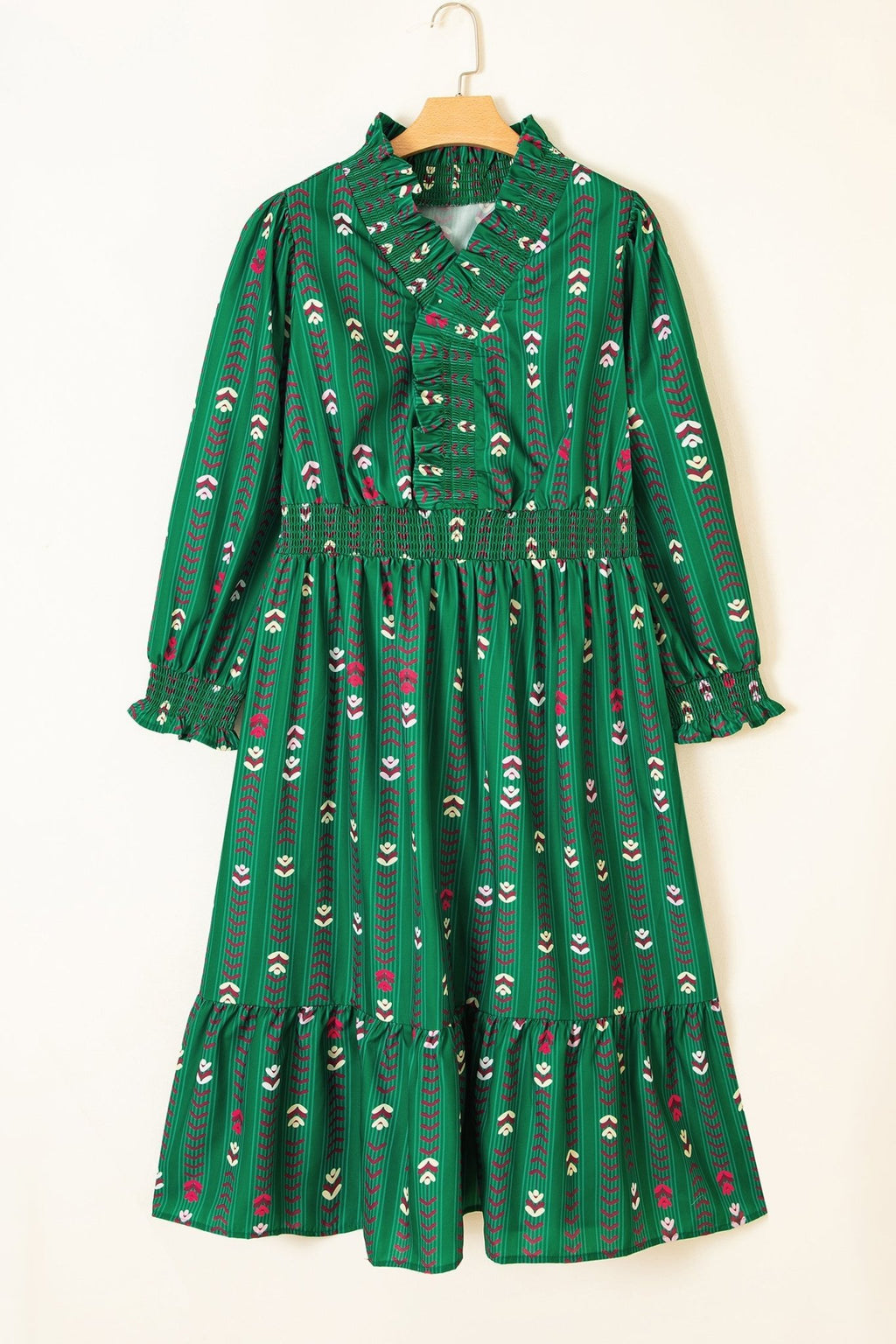 Plus Size Floral Ruffle V-Neck Long Sleeve Midi Dress - Rooted & Reckless Co.