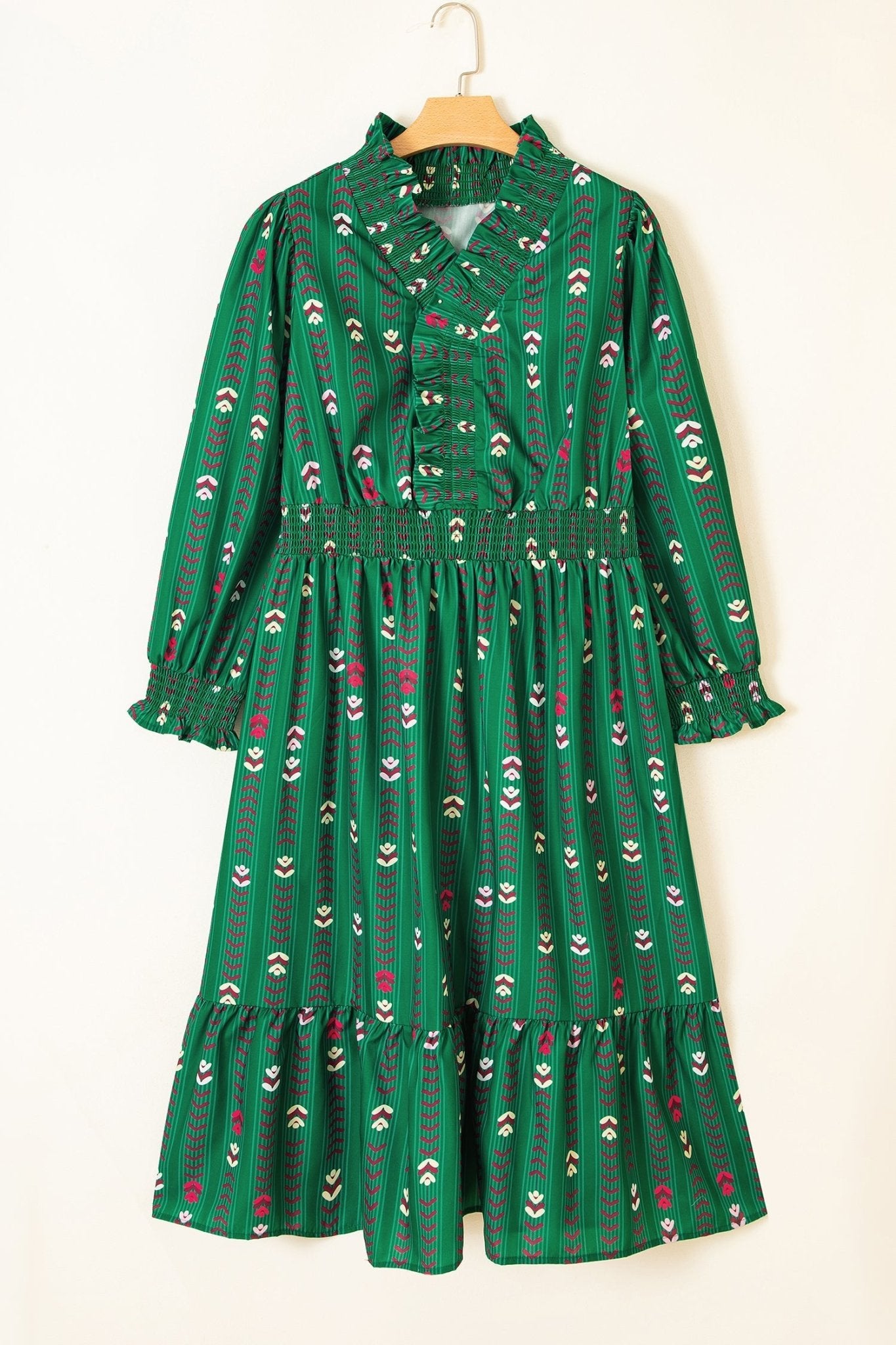 Plus Size Floral Ruffle V-Neck Long Sleeve Midi Dress - Rooted & Reckless Co.