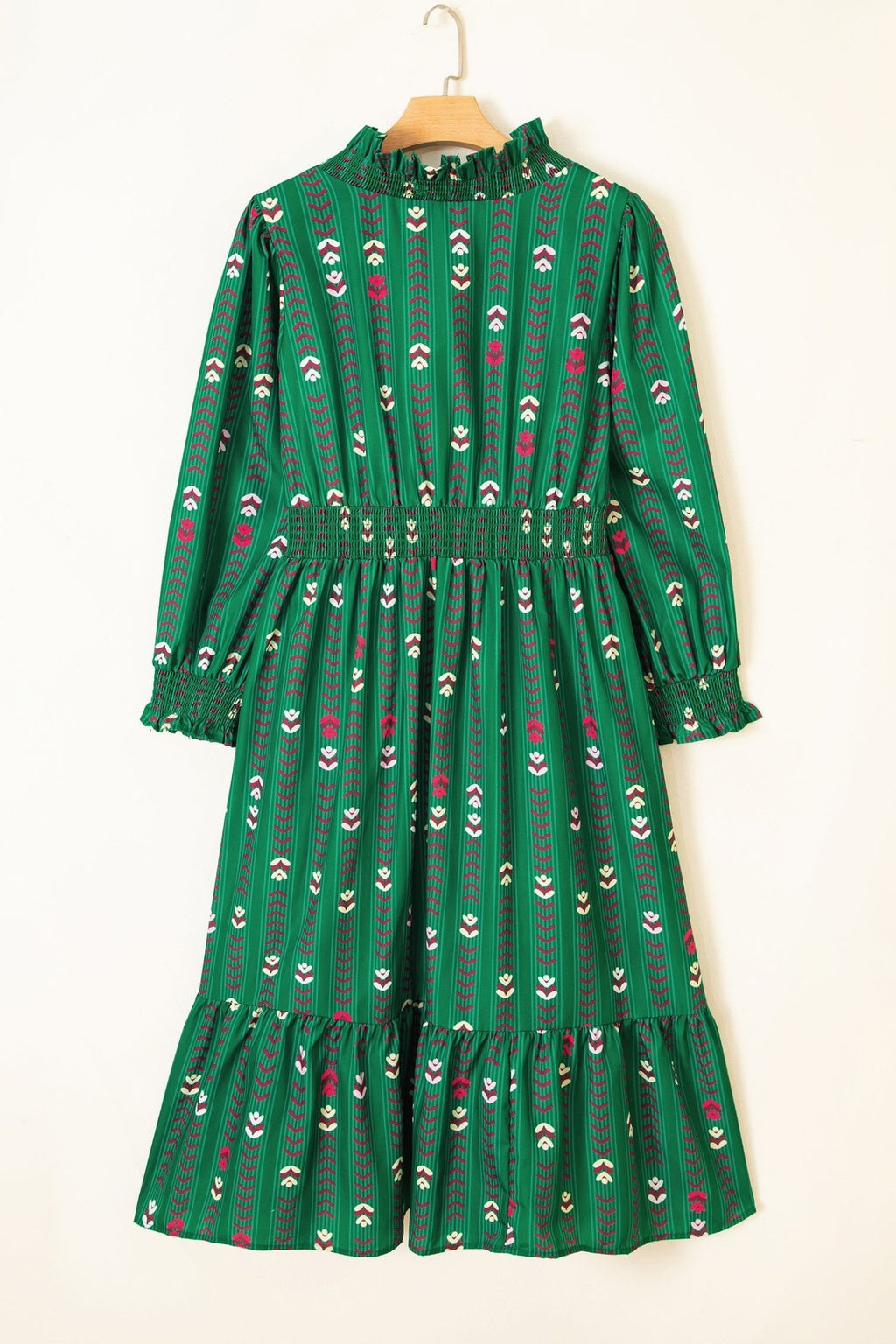 Plus Size Floral Ruffle V-Neck Long Sleeve Midi Dress - Rooted & Reckless Co.