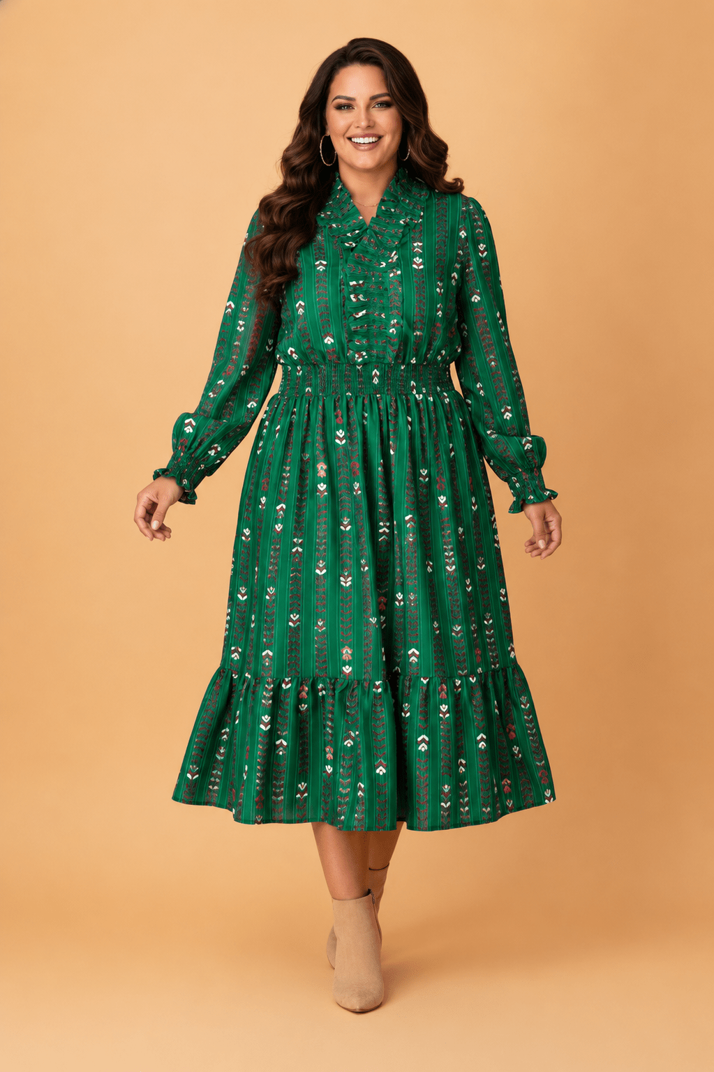 Plus Size Floral Ruffle V-Neck Long Sleeve Midi Dress - Rooted & Reckless Co.