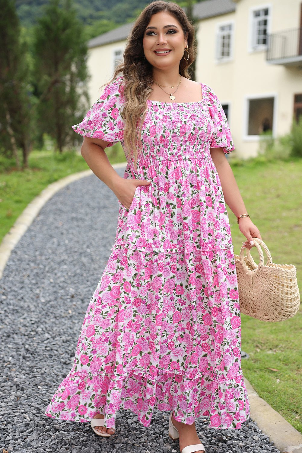 Plus Size Floral Smocked Puff Sleeve Dress - Rooted & Reckless Co.