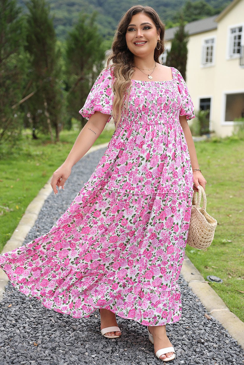 Plus Size Floral Smocked Puff Sleeve Dress - Rooted & Reckless Co.