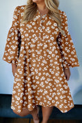 Plus Size Floral Split Neck Button Puff Sleeve Dress - Rooted & Reckless Co.