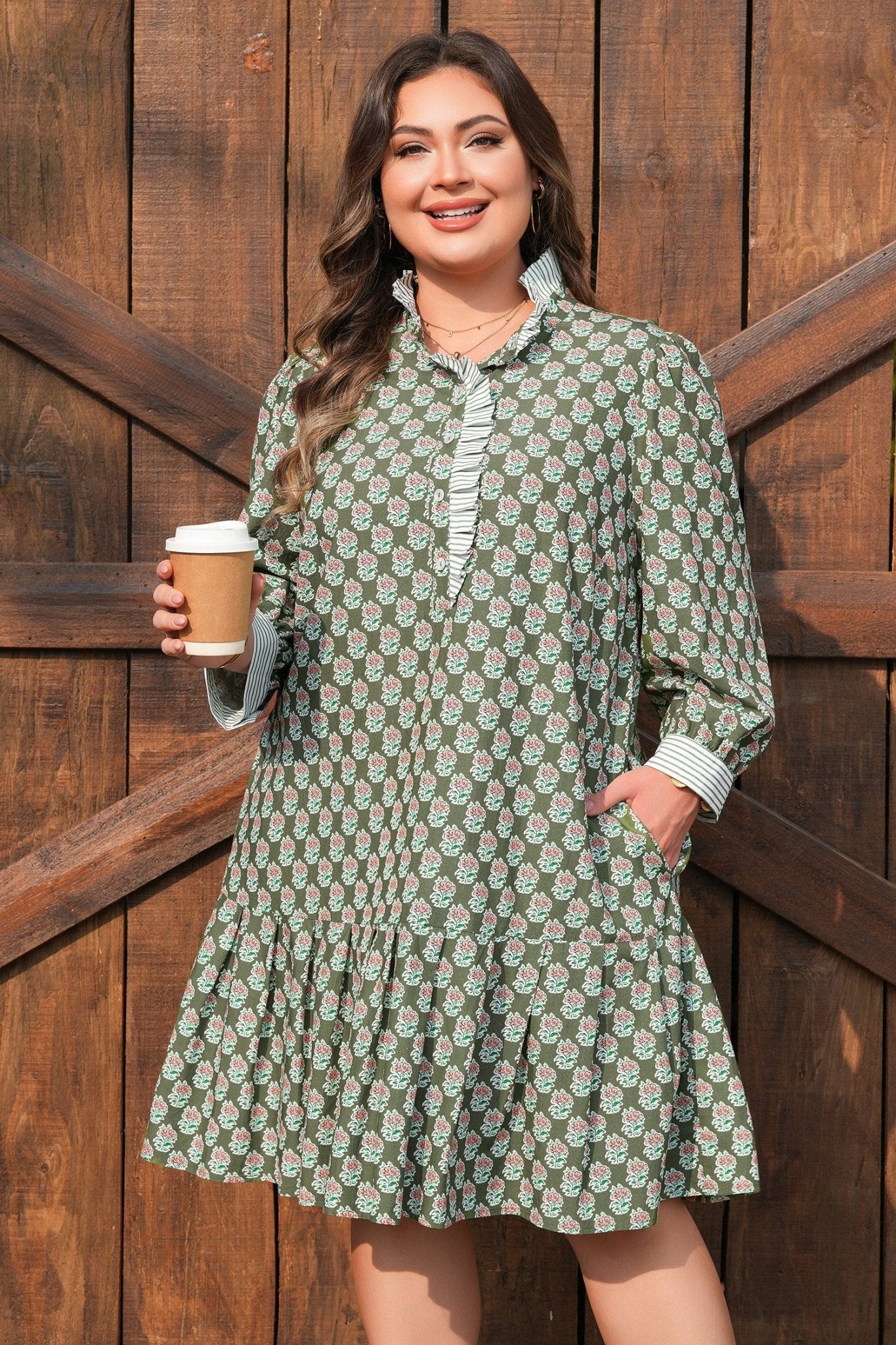 Plus Size Floral Stripe Contrast 3/4 Sleeve Dress - Rooted & Reckless Co.