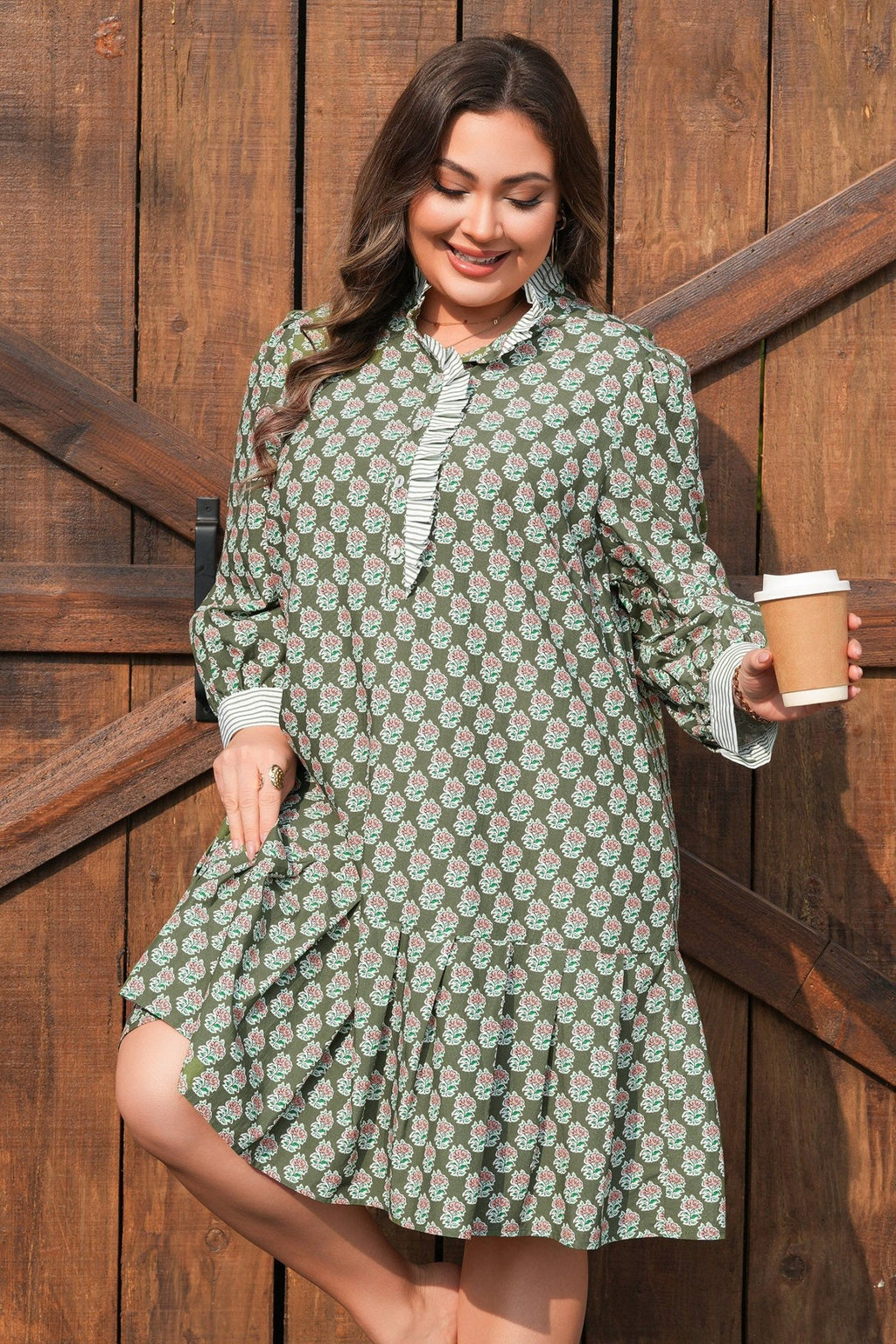 Plus Size Floral Stripe Contrast 3/4 Sleeve Dress - Rooted & Reckless Co.