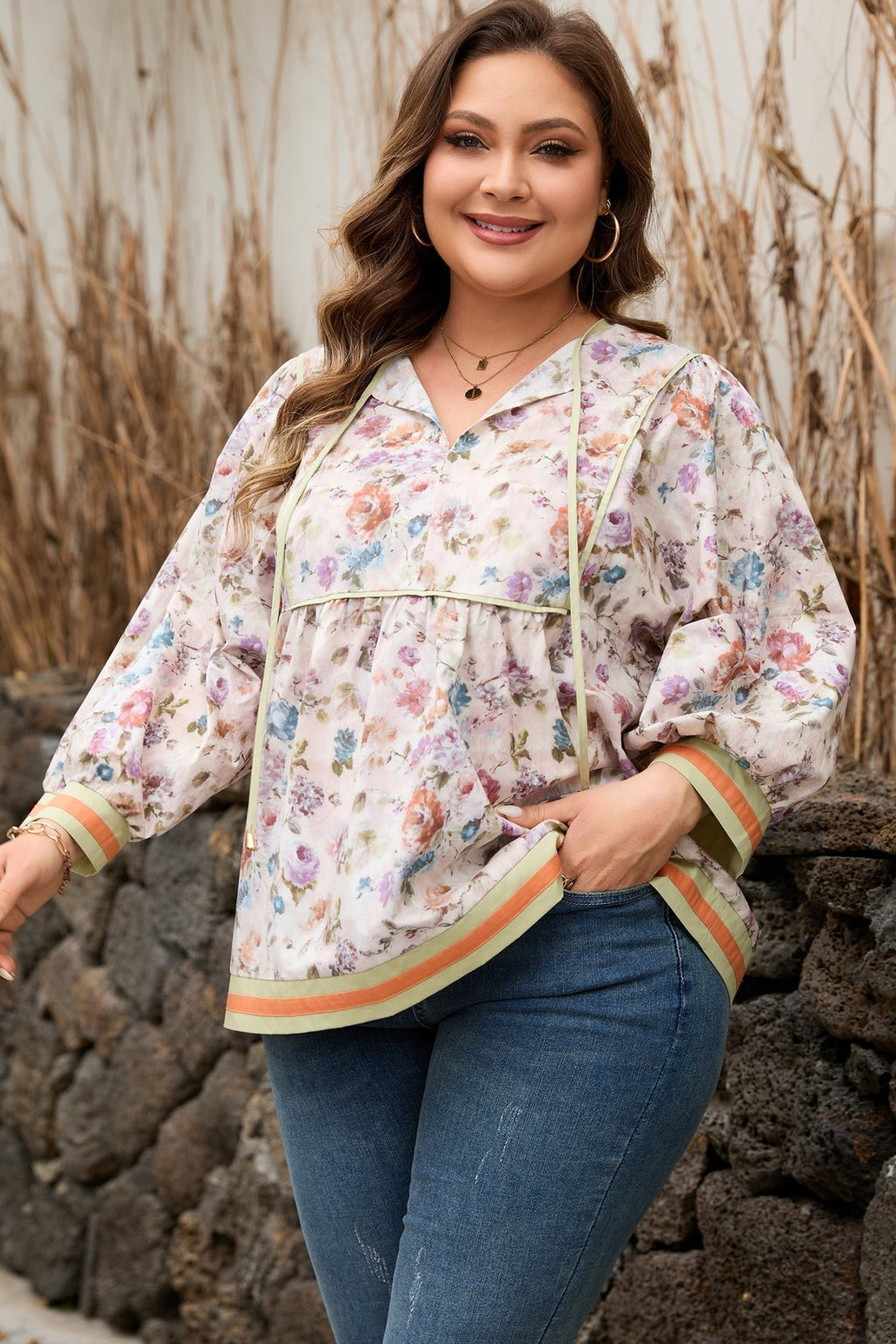 Plus Size Floral Stripe Contrast Trim Babydoll Blouse - Rooted & Reckless Co.