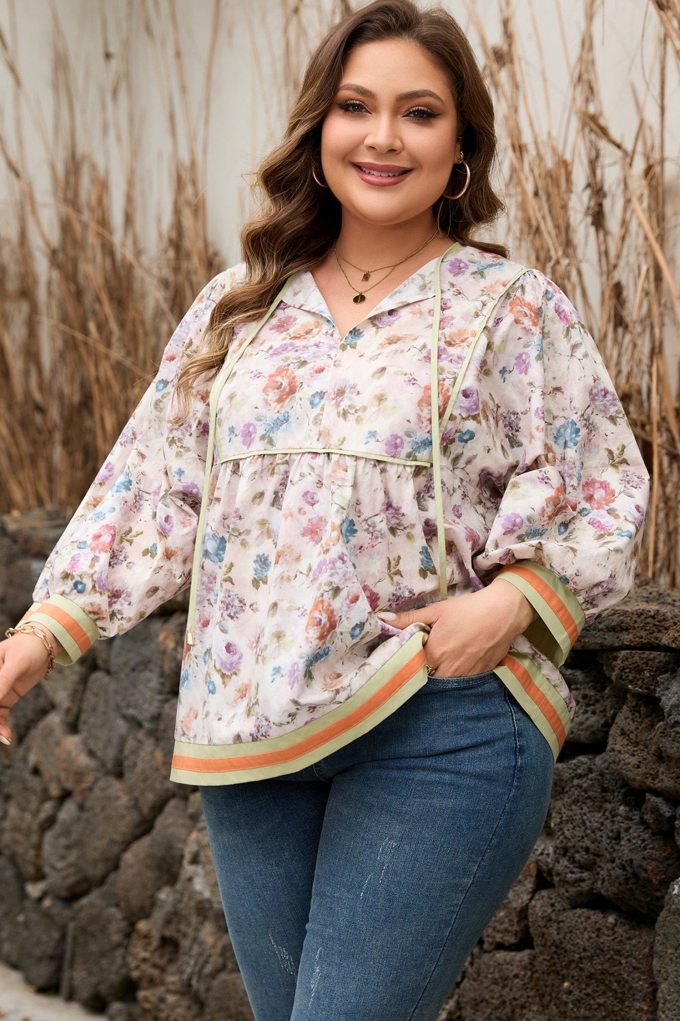 Plus Size Floral Stripe Contrast Trim Babydoll Blouse - Rooted & Reckless Co.