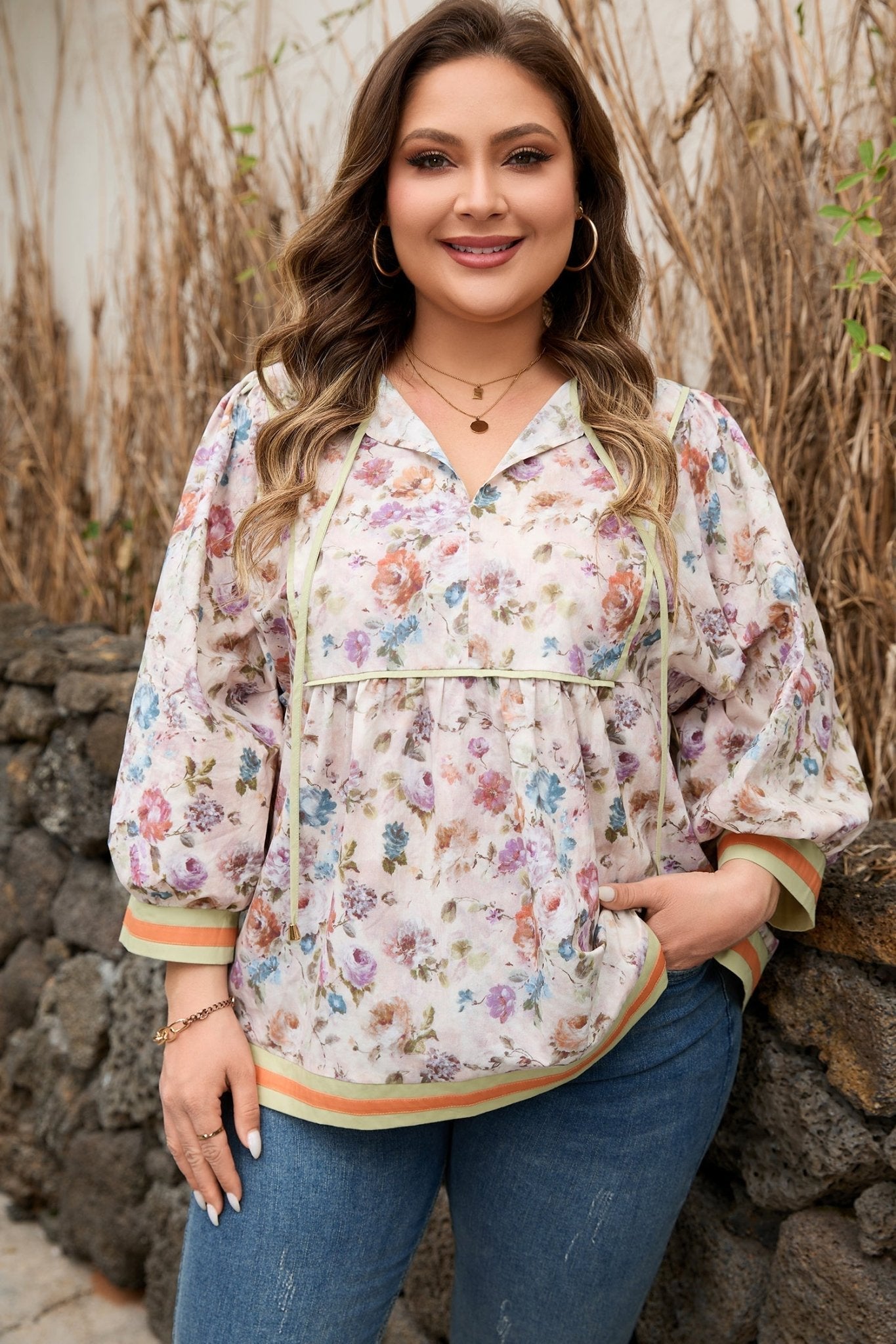 Plus Size Floral Stripe Contrast Trim Babydoll Blouse - Rooted & Reckless Co.