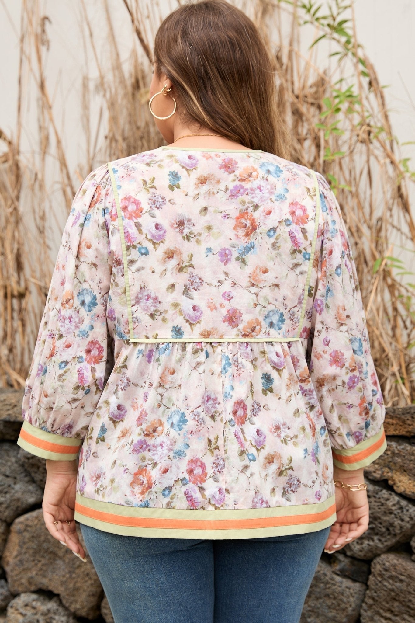 Plus Size Floral Stripe Contrast Trim Babydoll Blouse - Rooted & Reckless Co.