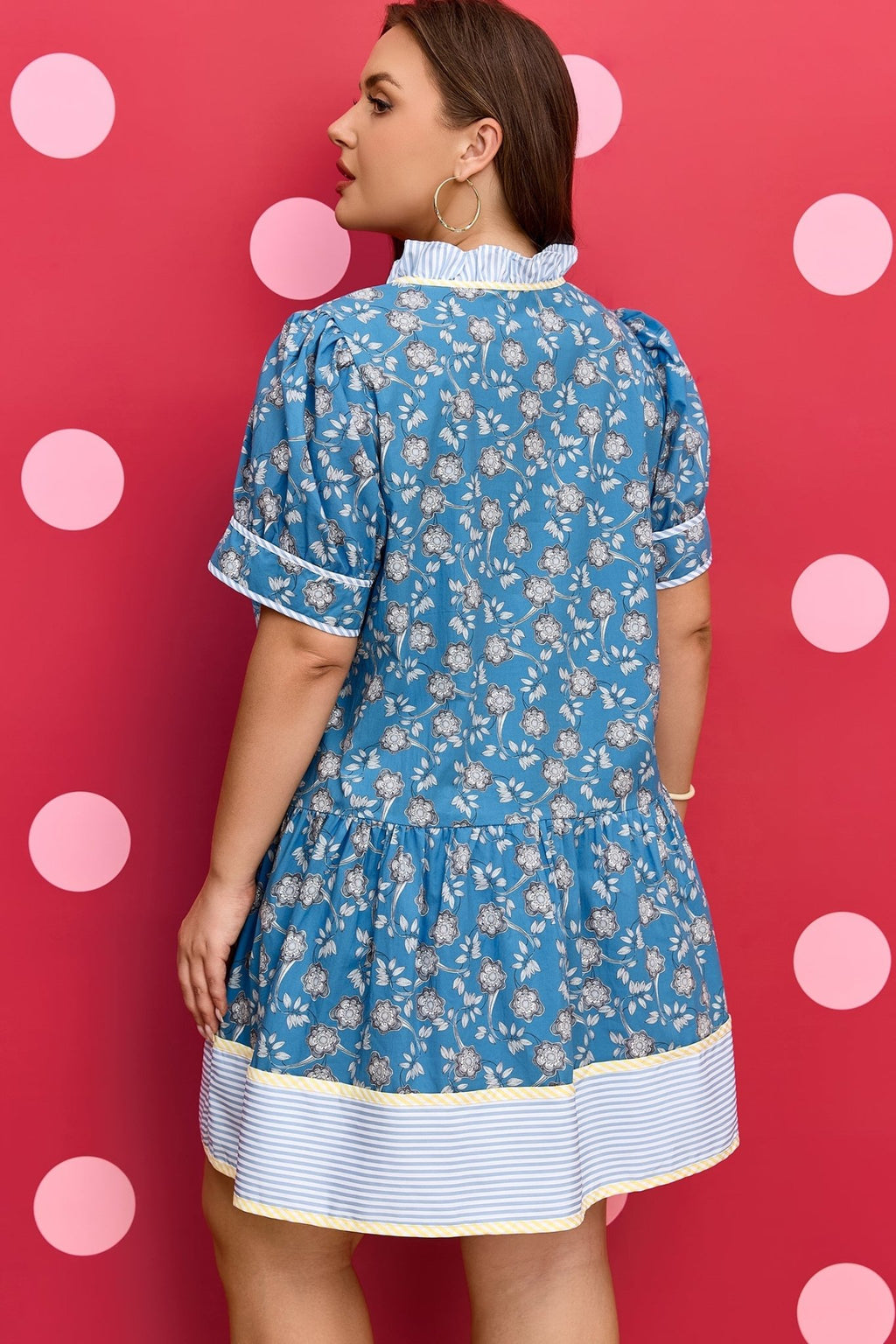 Plus Size Floral Stripe Patchwork Ruffle Dress - Rooted & Reckless Co.