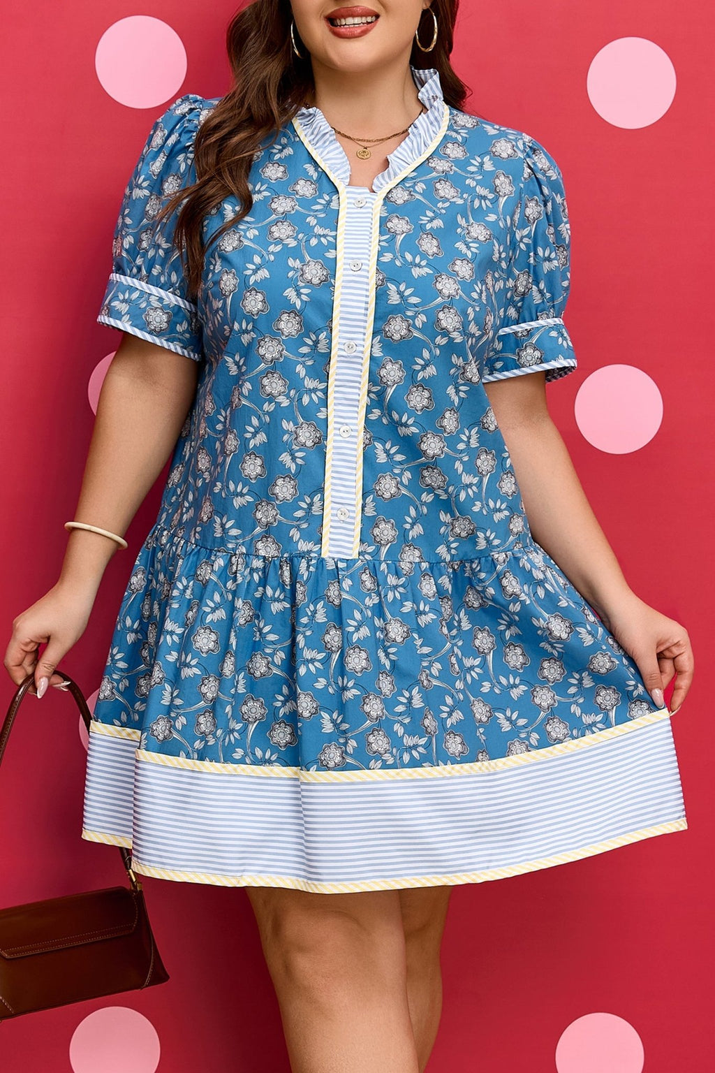 Plus Size Floral Stripe Patchwork Ruffle Dress - Rooted & Reckless Co.
