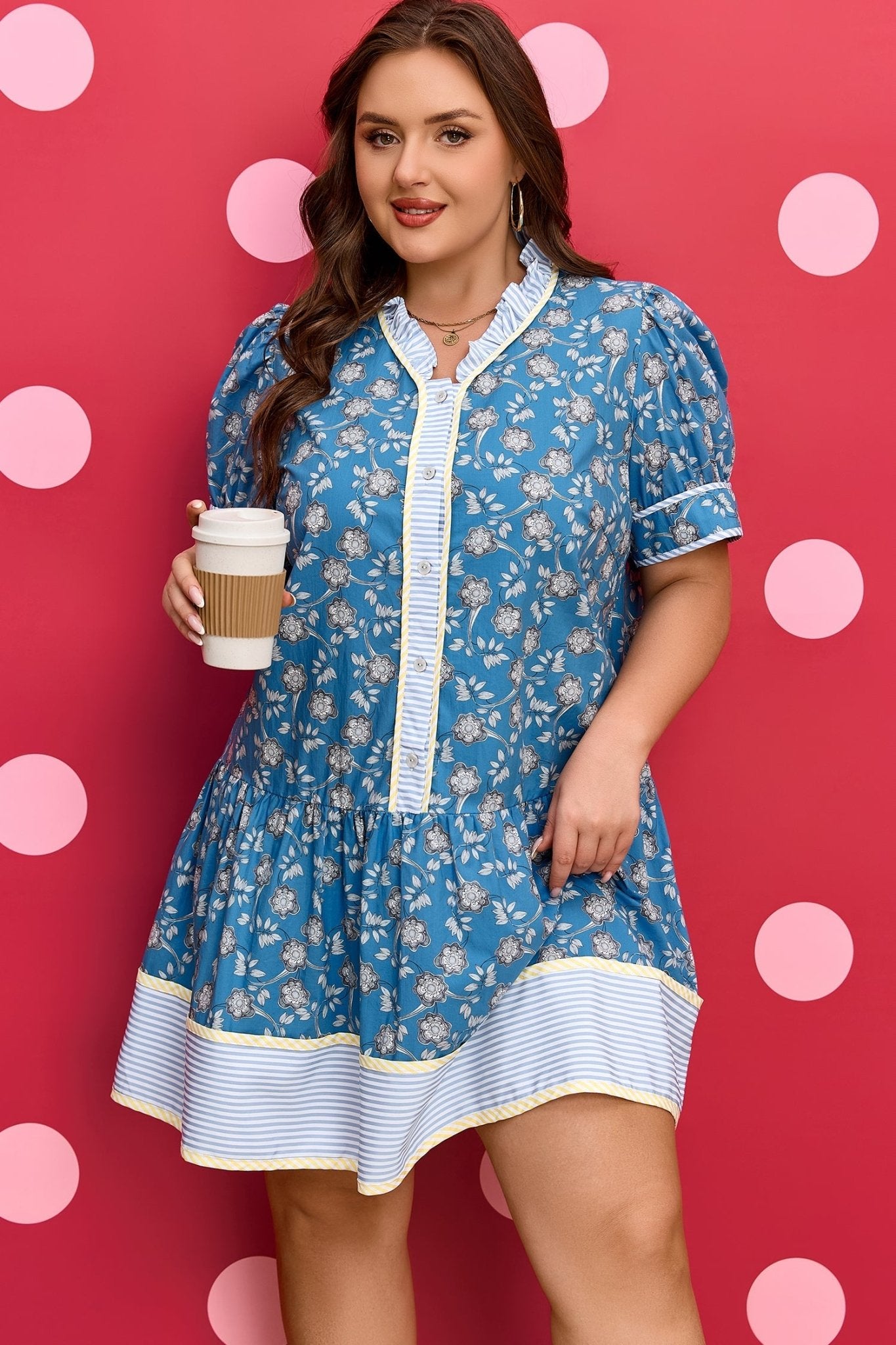 Plus Size Floral Stripe Patchwork Ruffle Dress - Rooted & Reckless Co.